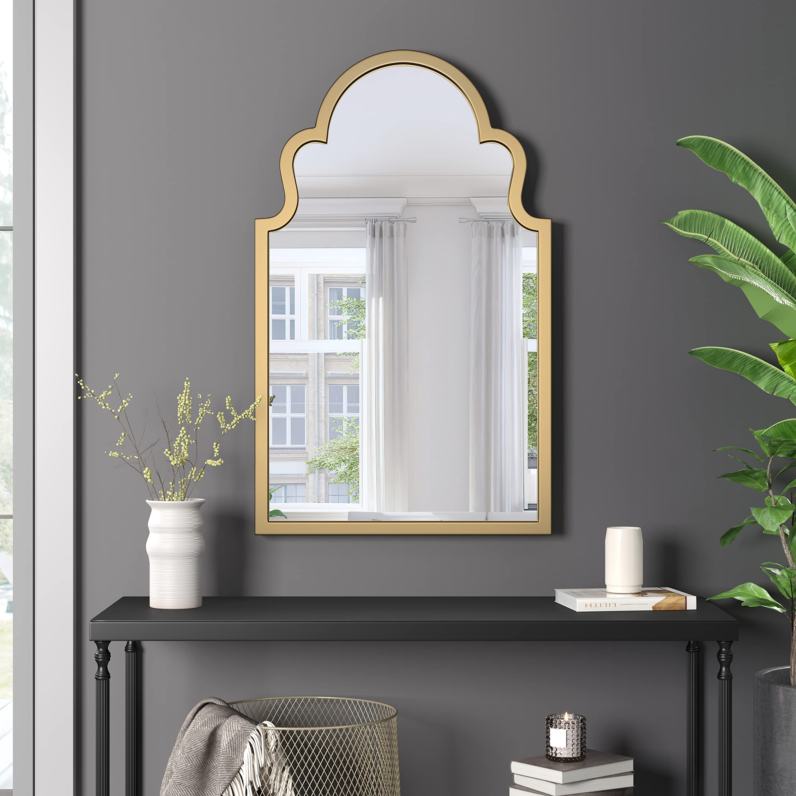 Gold Metal-Frame Wall Mirror 35.5×21.7 Inch - Decorative Vanity Mirror for Bathroom, Living Room & Bedroom | Elegant Home Decor & Space Enhancer | Perfect for Makeup, Selfies & Room Illusion