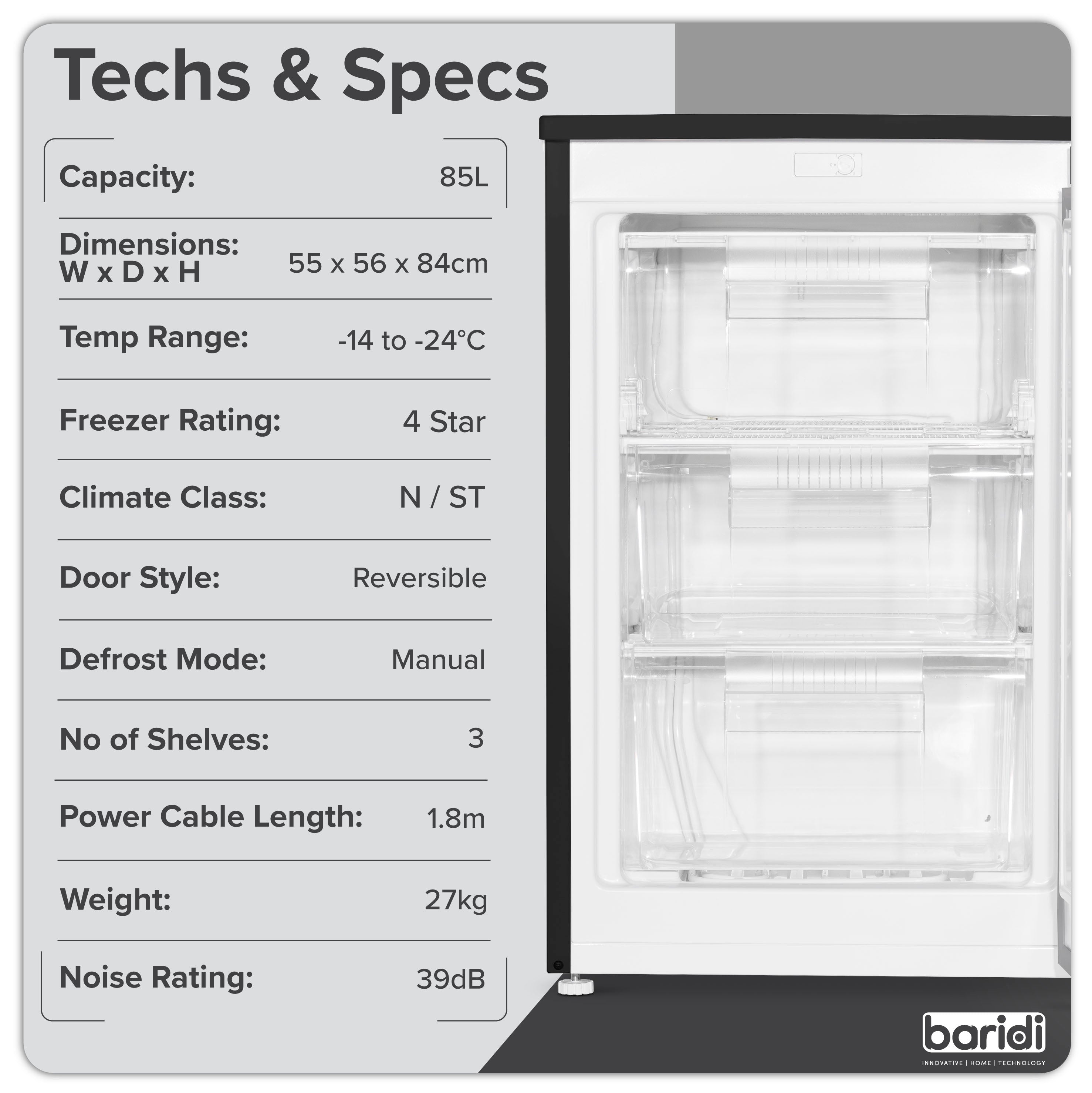 Baridi 55cm Undercounter Freezer with Adjustable Thermostat, 85L Capacity, Black (DH251) - Perfect for Kitchen, Basement, Garage & Small Spaces