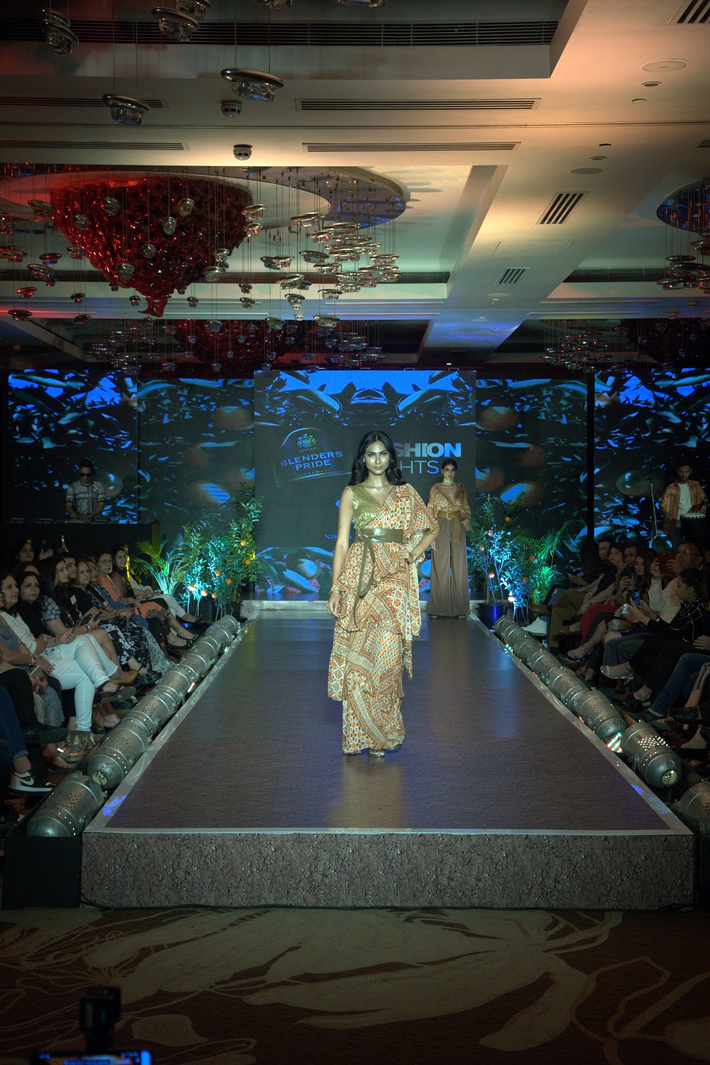 Stylish Tangerine Tribal Print Lurex Ruffle Saree with Matching Blouse - Perfect for Indian Weddings, Festivals & Special Occasions