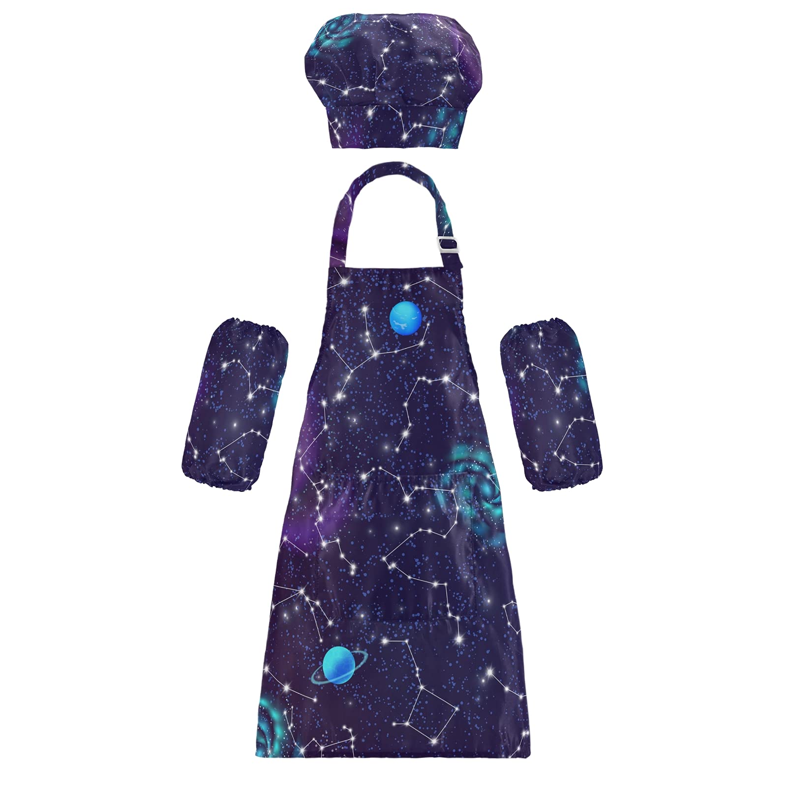 Kids Chef Apron & Hat Set - Space Zodiac Constellations Galaxy Design for Boys 3-6 Years | Waterproof for Painting & Cooking | Perfect for Birthday Gifts & Pretend Play