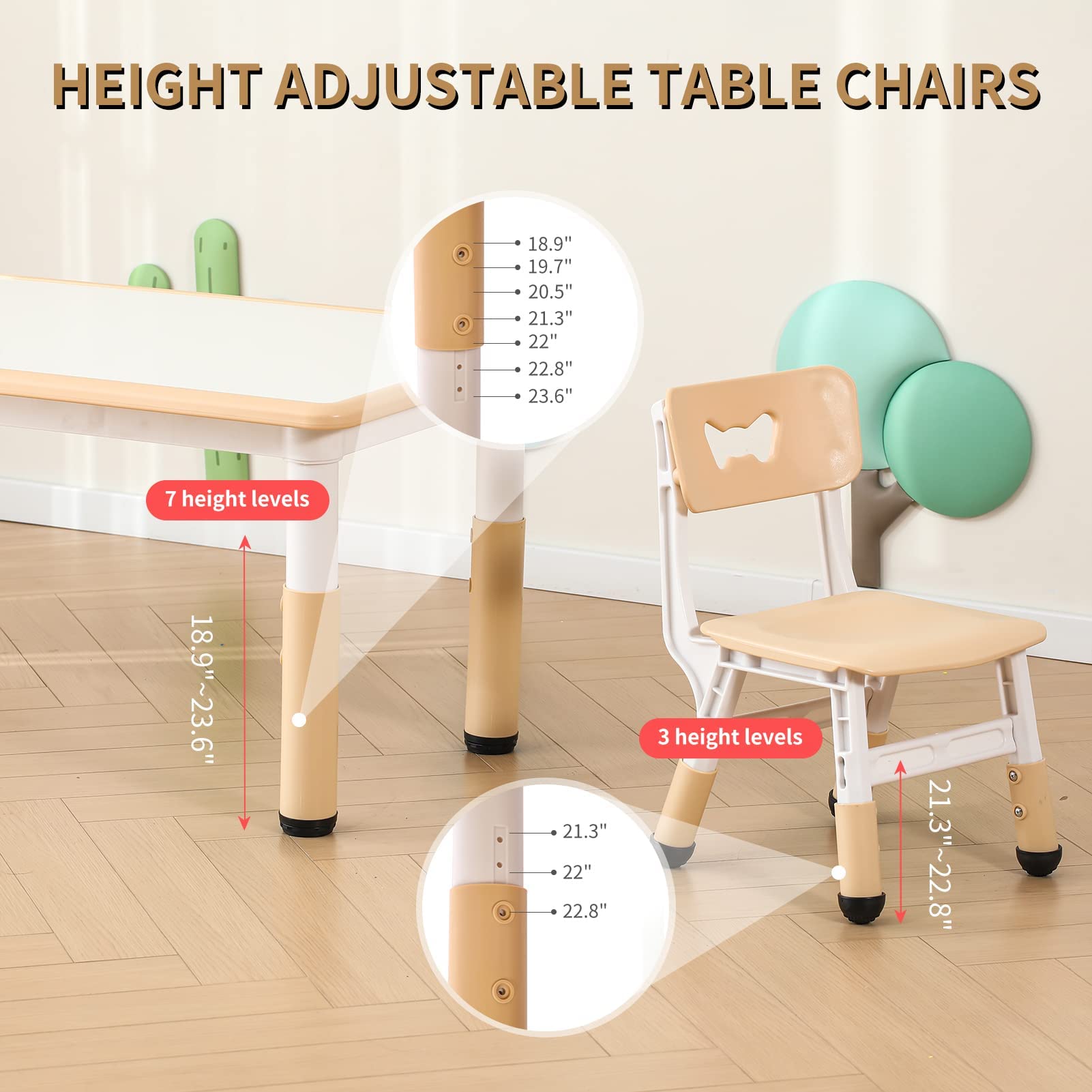 **Kids Table and Chairs Set for 5-8 Year Olds - 6 Chairs Included with 4 Leg Covers + 12 Color Pens - Perfect for Playroom, Classroom, or Home Learning Activities**