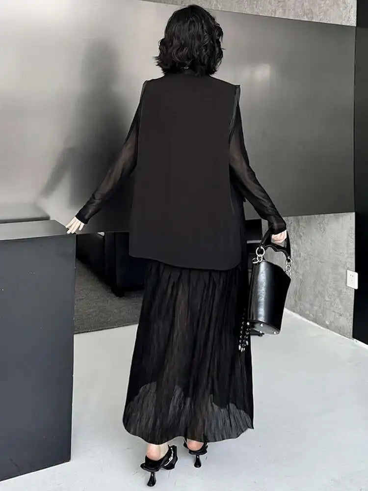 Black Big Size Vest Pleated Skirt Two-Piece Set - Women's Fashion V-Neck Sleeveless Outfit for Spring & Autumn 2025 (1DJ0261) | Trendy Office Wear & Casual Date Night Ensemble