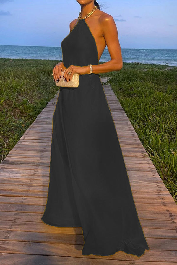 Santorini Vacation Maxi Dress - Backless A-Line Halter Dress with Metal Chain Detail | Perfect for Beach Weddings, Summer Getaways & Boho Fashion