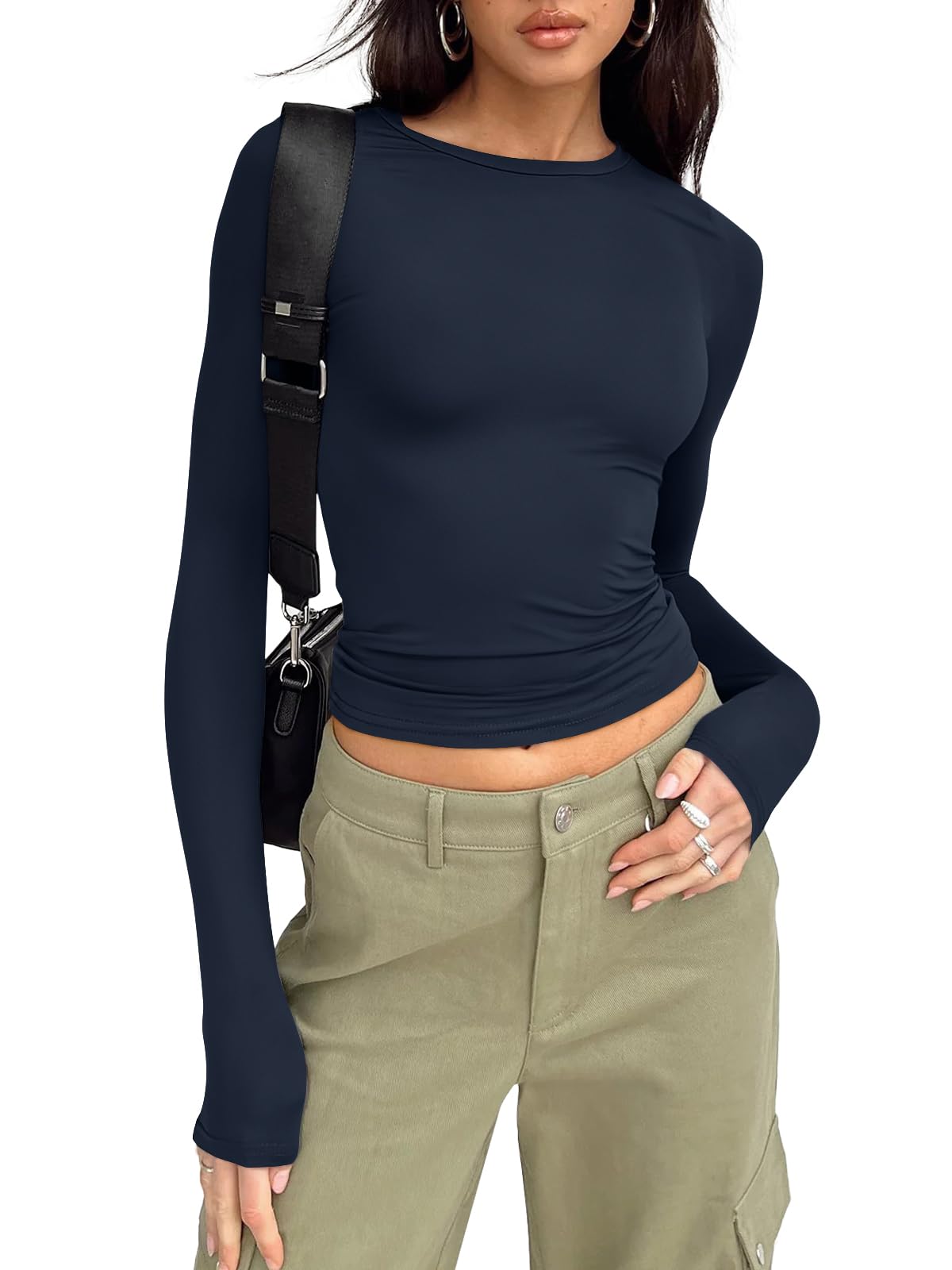 Trendy Queen Women's Long Sleeve Crop Top - Y2K Basic Tee for Workout, Casual Wear & Spring 2025 Fashion | Soft Stretchy Shirt for Gym, Street Style & Night Out