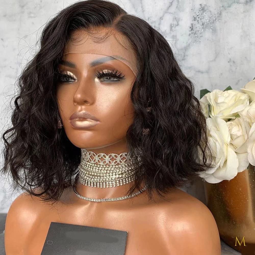 Imeya Short Bob Wigs - 12 Inch Water Wave Lace Front Human Hair Wig with 13x6 HD Transparent Lace | Brazilian Remy Hair | 150% Density | Pre-Plucked with Baby Hair | Glueless Design for Easy Wear | Perfect for Cosplay, Daily Fashion & Protective Hairstyles