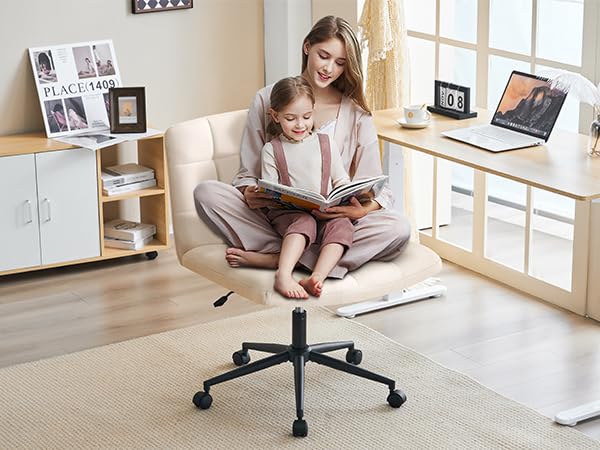 Furnimart Swivel Criss Cross Legged Office Chair with Wheels - Adjustable Height Armless Desk Chair for Home Office, Vanity & Bedroom - Comfortable Beige Seat for Working, Studying & Relaxing