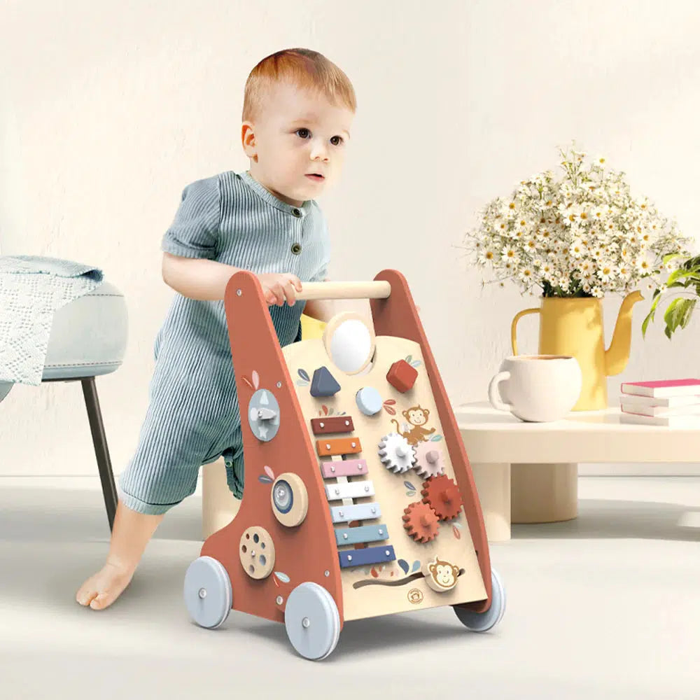 Speedy Monkey Wooden Baby Activity Walker - Push & Pull Toy with Bead Maze, Shape Sorter & More - Montessori Learning Toy for Toddlers 1-3 Years - Perfect for Early Childhood Development & Playtime Fun