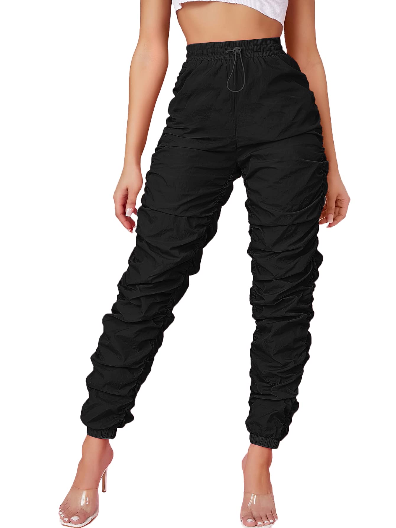 WDIRARA Women's High Waist Jogger Sweatpants with Drawstring & Ruched Detail - Soft Athletic Lounge Pants for Yoga, Running, and Casual Wear