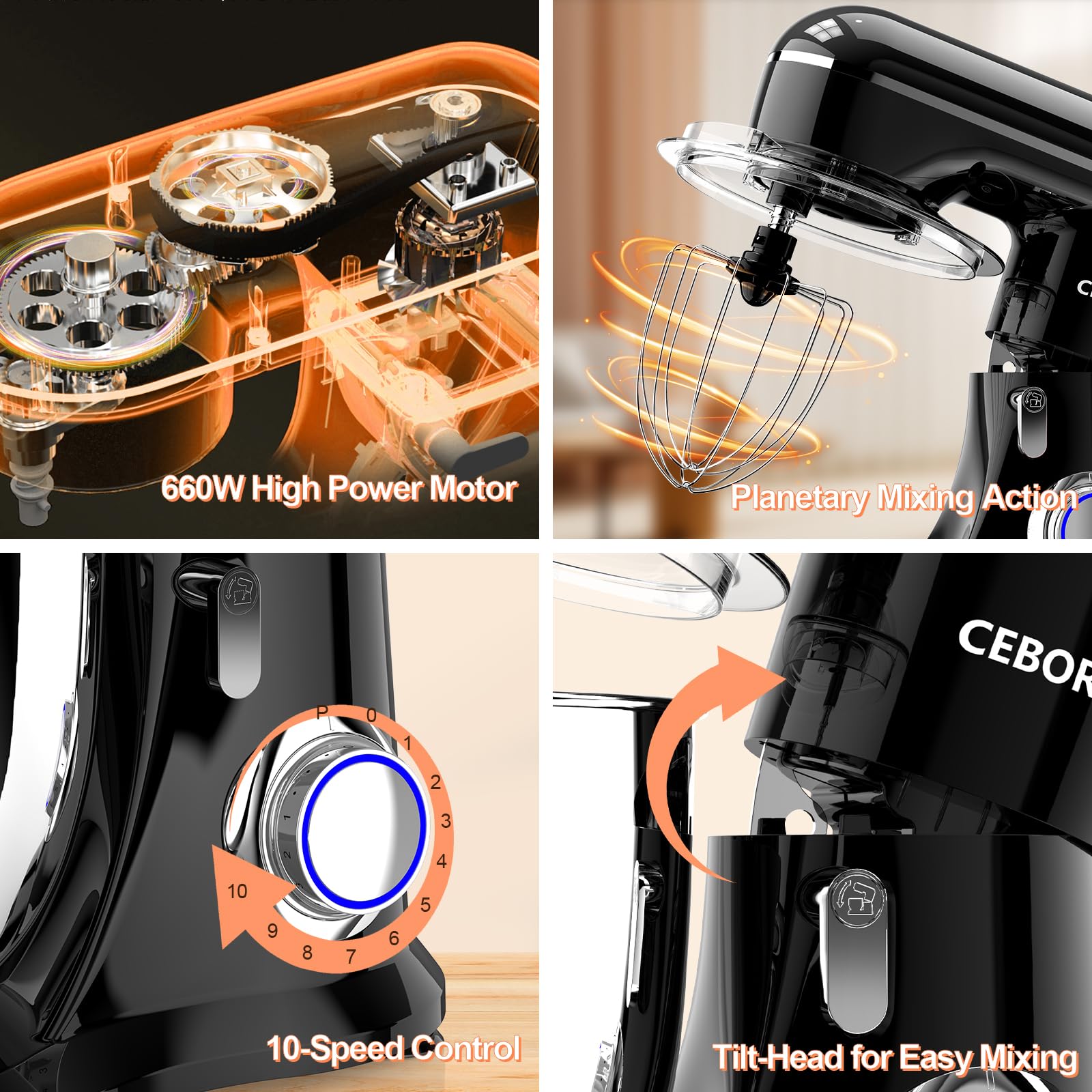 **6.5QT 660W 10-Speed Electric Stand Mixer - 3-in-1 Kitchen Mixer with Dough Hook, Beater & Whisk - Perfect for Baking Bread, Cakes & Home Cooking - Ideal for Bakers & Home Chefs (Black)**    **Usage Scenarios:** Great for kneading dough, whipping cream, mixing cake batter, and preparing homemade meals in your kitchen.