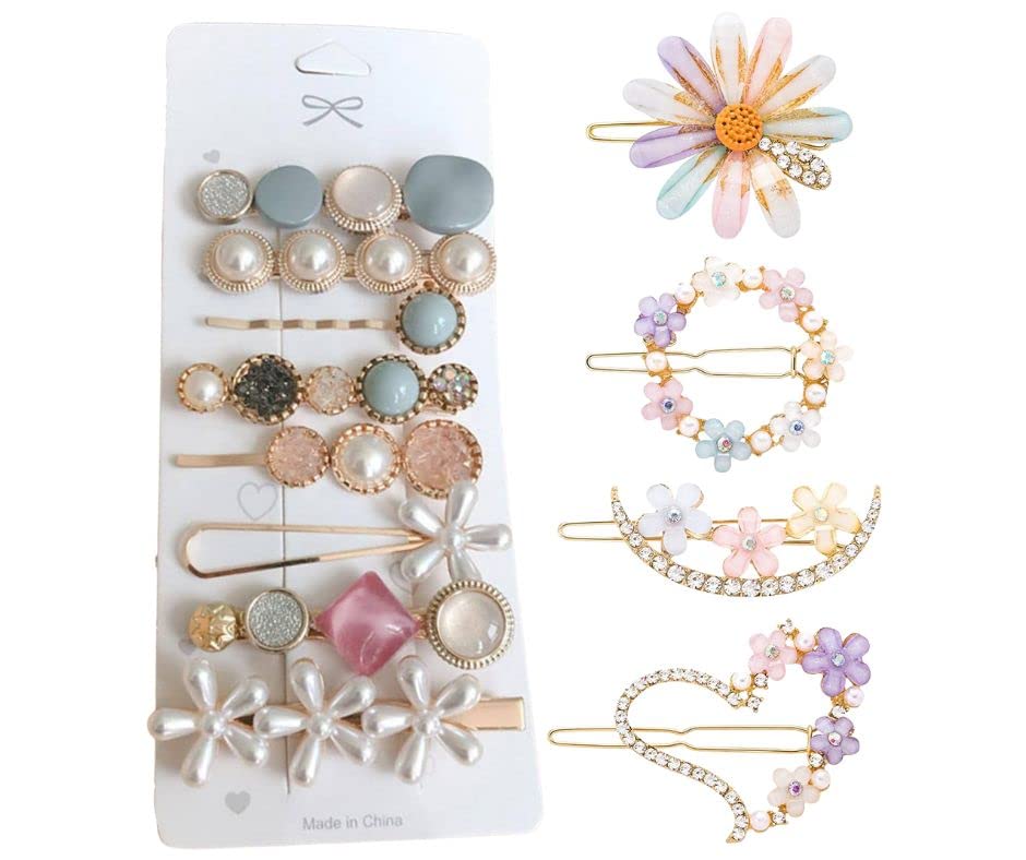 BellaStella Korean Hair Clips for Women & Girls - 12 Pack Stylish Floral Hairpins with Multi-Design - Blue Hair Accessories for School, Work, Party & Everyday Use