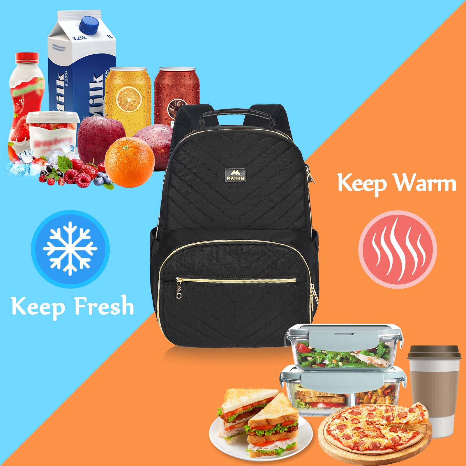 MATEIN 23L Women's Laptop Backpack with USB Charging Port, Insulated Lunch Box & Waterproof Tote Bag - Perfect for Travel, Work, School, Beach, Camping, Hiking & Outdoor Activities