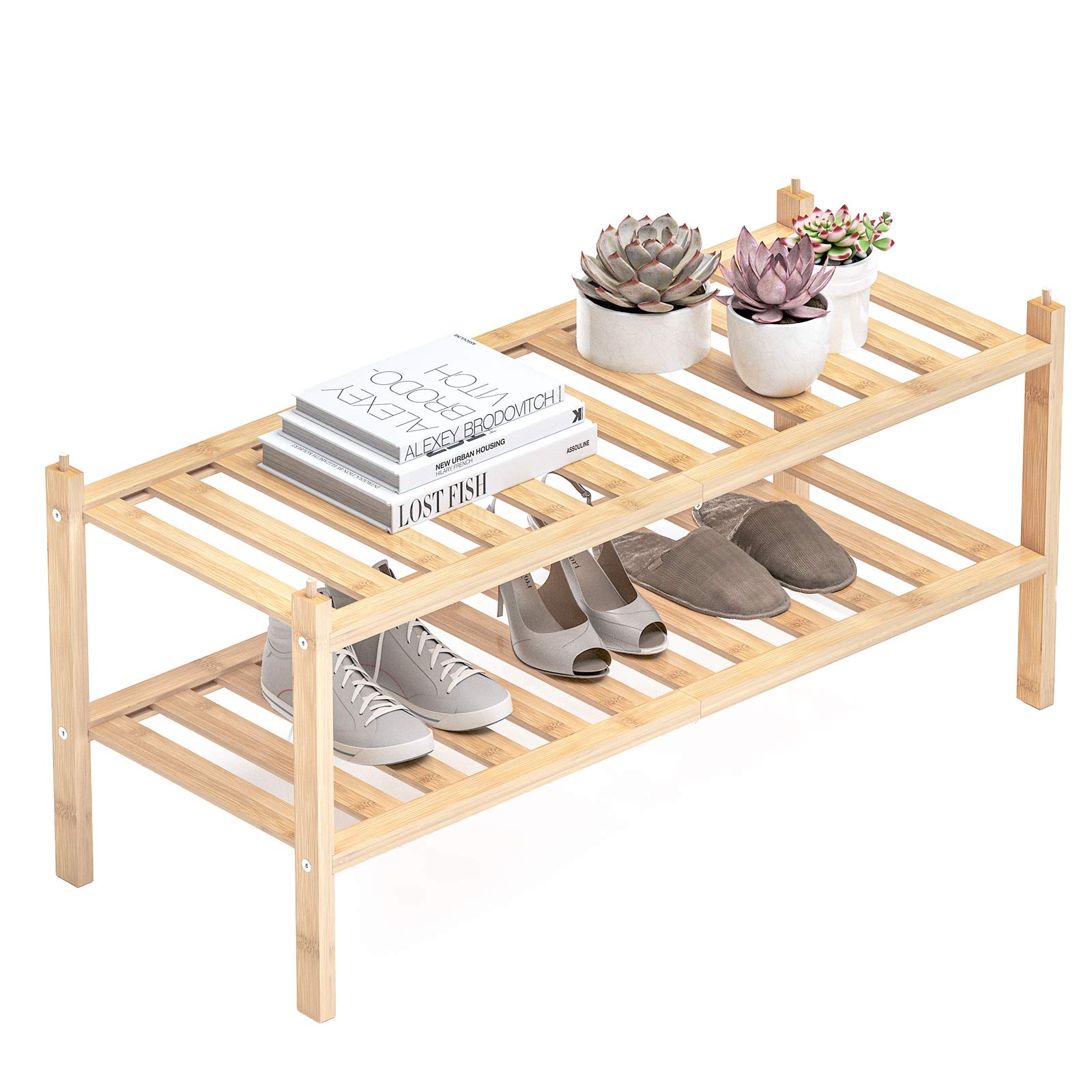 Dranixly 2-Tier Bamboo Shoe Rack - Stackable Shoe Shelf Organizer for Closet, Entryway, Hallway | Space-Saving Shoe Storage for Small Spaces | Perfect for Living Room, Bathroom & Bedroom Organization (Natural)