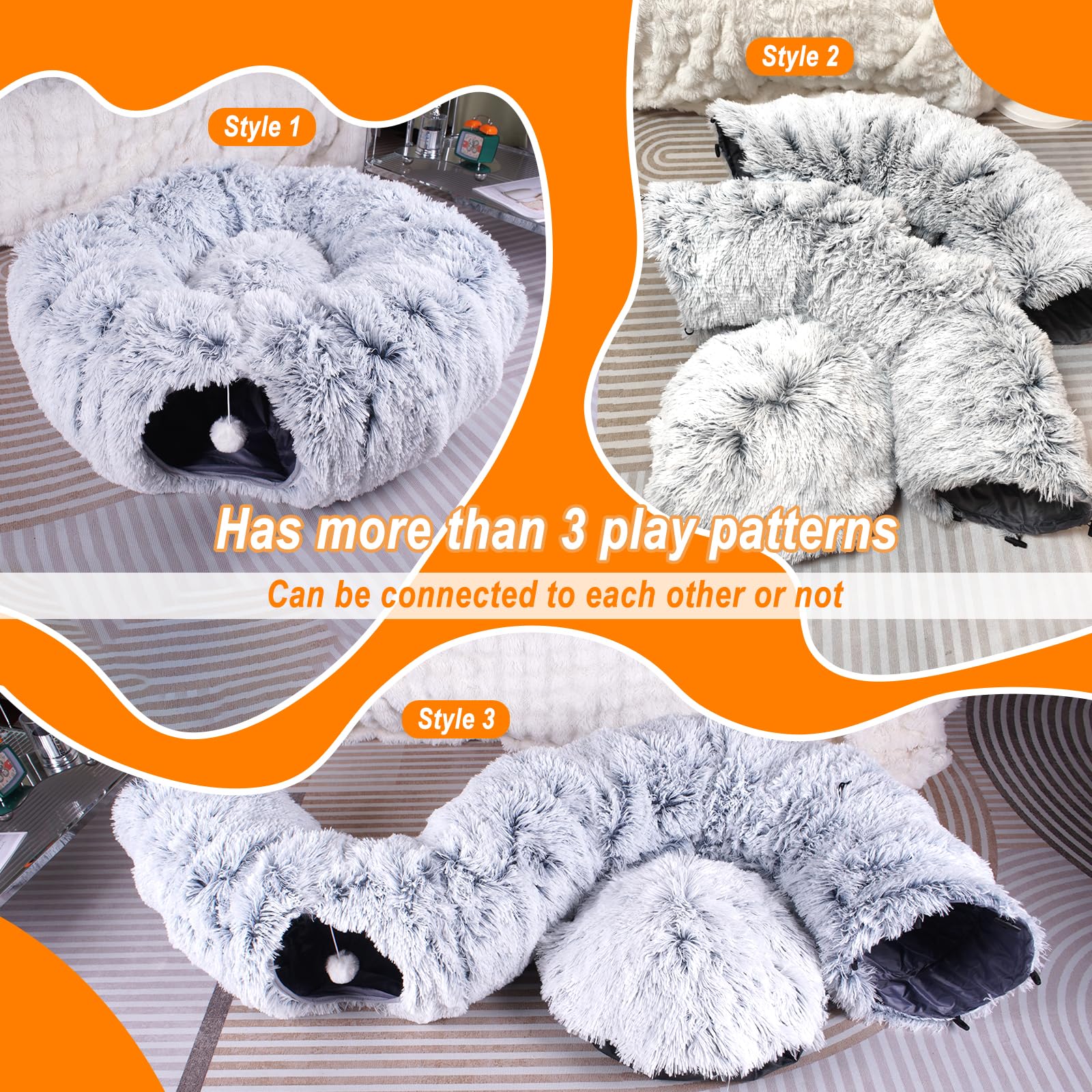 Washable Plush Cat Tunnel Bed for Indoor Cats - Large Donut Tunnel with Peekaboo Cave & Cushion | 3-in-1 Cat Toy, Bed & Play Tunnel for Cats & Rabbits (Gray) - Perfect for Playtime, Napping & Hide-and-Seek
