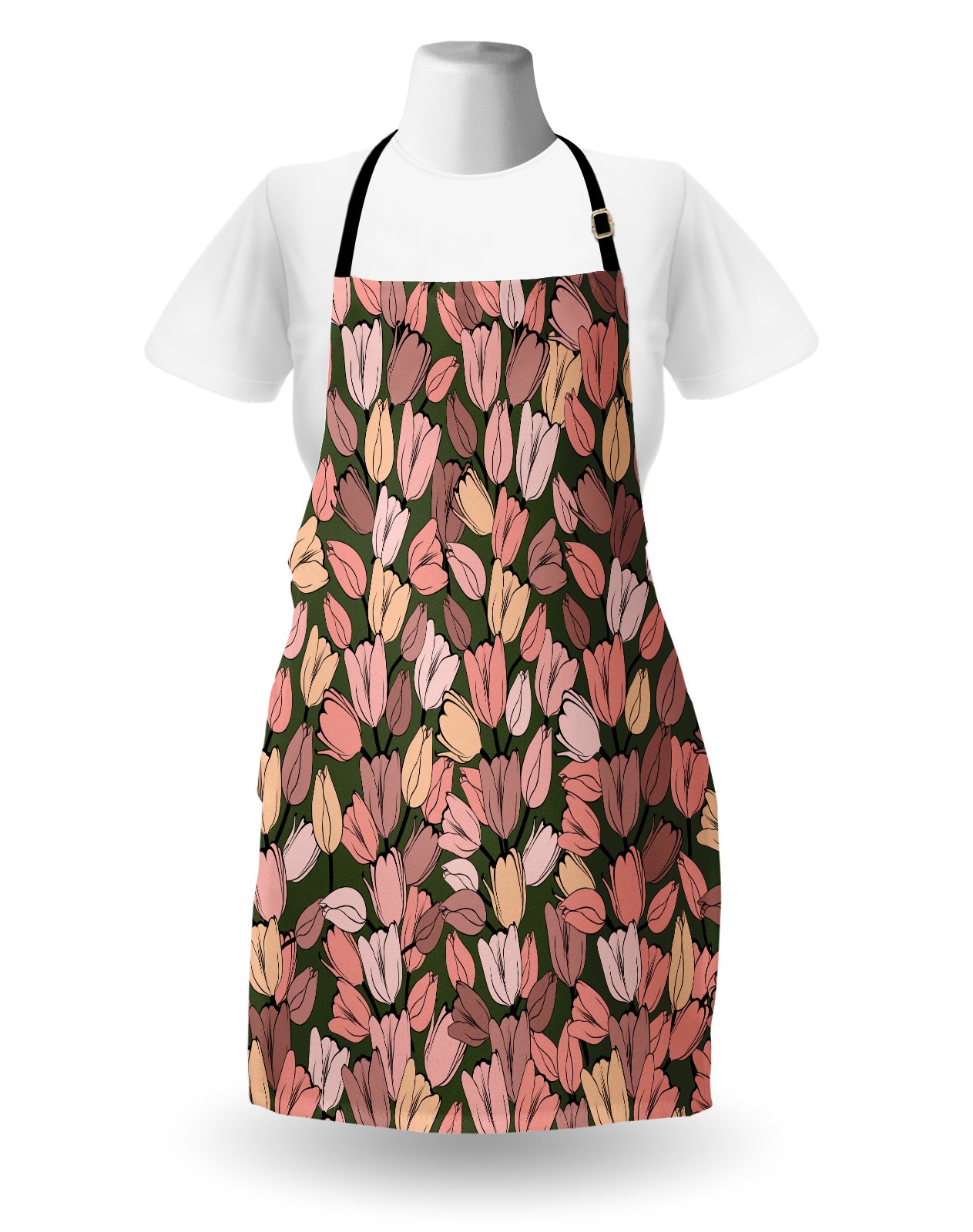 Ambesonne Retro Tulip Flower Apron - Unisex Adjustable Kitchen Bib for Cooking, Baking & Gardening - Spring Garden Nature Art Design in Cocoa Coral Cream - Perfect for Home Chefs, BBQ Parties & Outdoor Activities