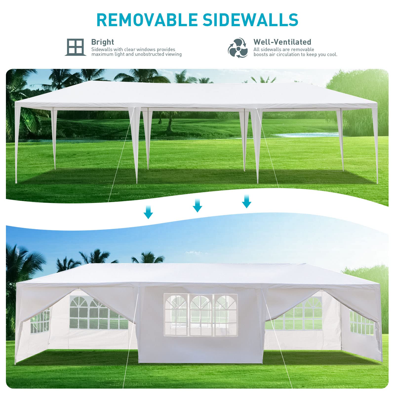 10'x30' White Outdoor Party Tent with 8 Removable Sidewalls & Transparent Windows - Large Wedding, Birthday Canopy Tent for Garden, Patio, Backyard Events - Perfect for Outdoor Gatherings, BBQ Parties & Festivals