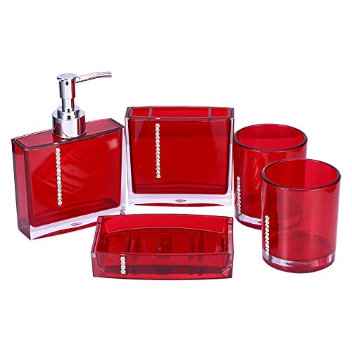 5-Piece Luxury Acrylic Bathroom Accessories Set - Toothbrush Holder, Soap Dish, Cup, Bottle & Lotion Pump Dispenser - Modern Vanity Organizer for Home Decor (Red) - Perfect for Spa-Like Bathroom Experience & Stylish Organization