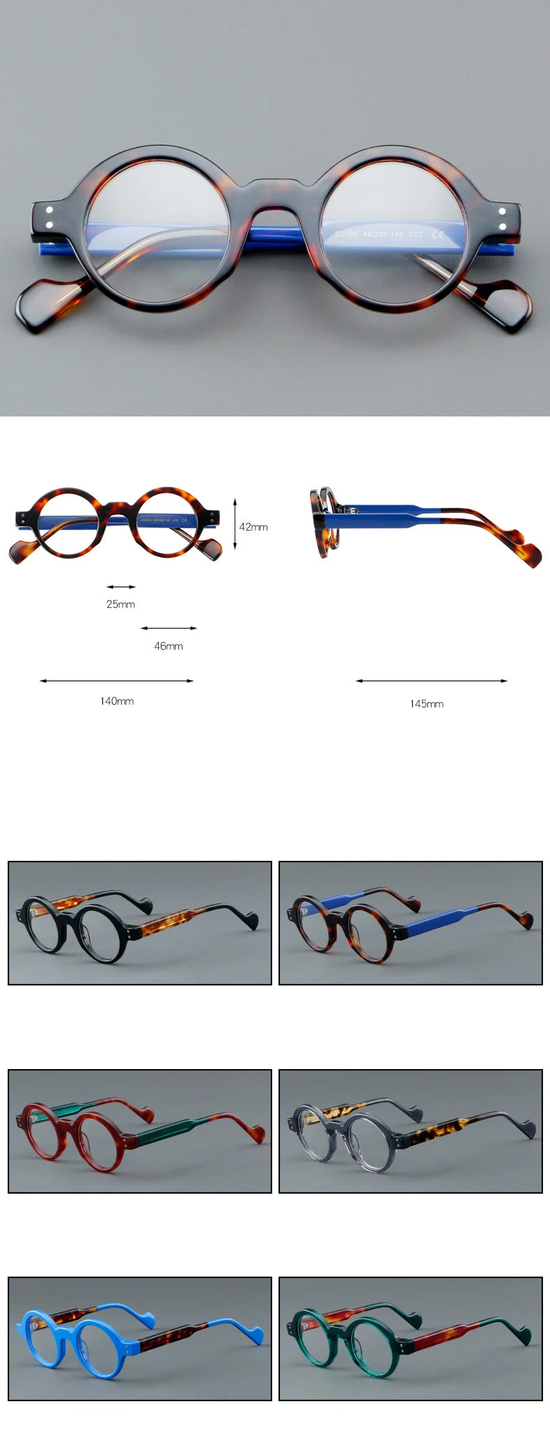 CCspace Unisex Full Rim Round Acetate Eyeglasses 57257 - Stylish Lightweight Frame for Men & Women - Perfect for Reading, Work, and Everyday Fashion