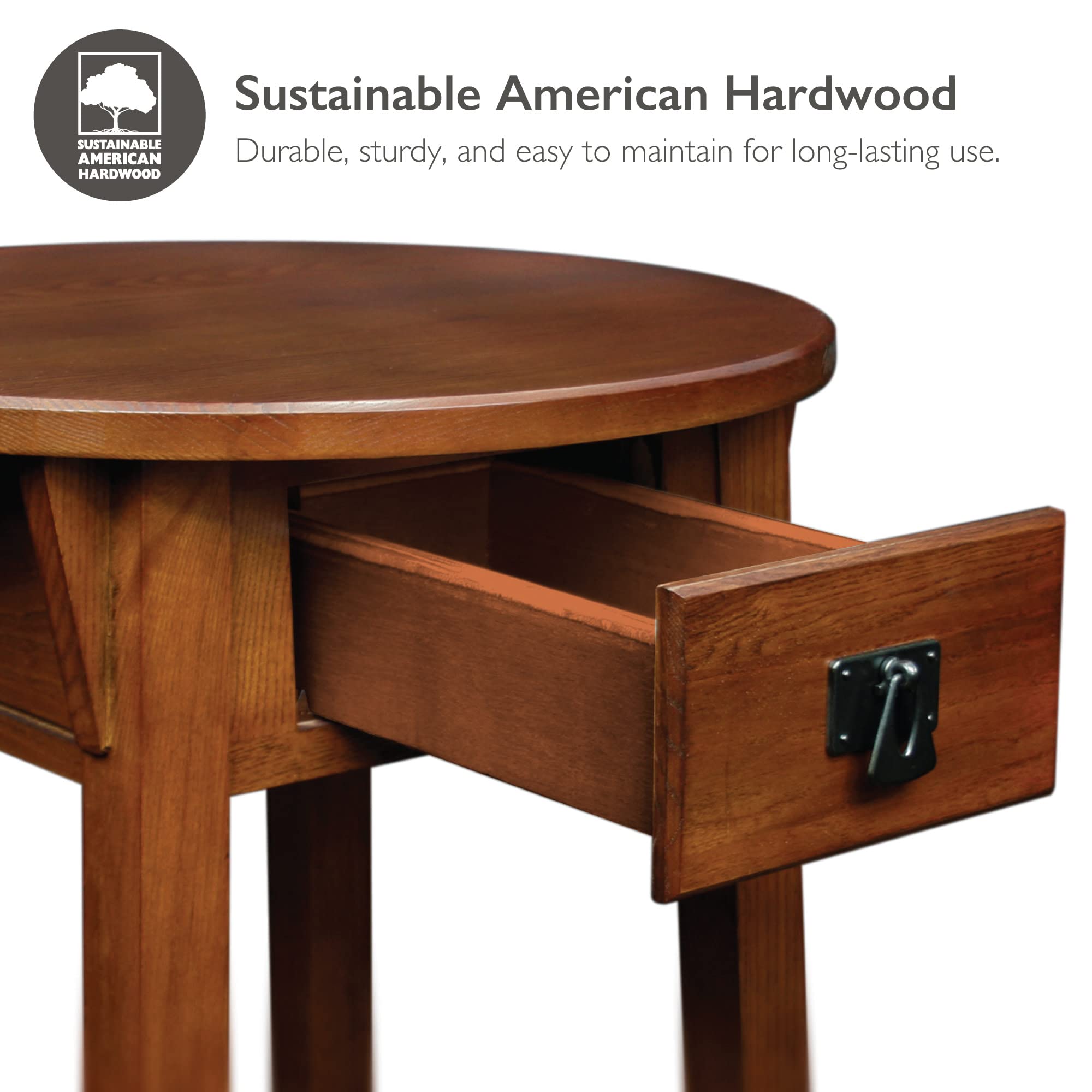 Leick Home 9056-RS Solid Wood Round End Table with Drawer - Rustic Mission Style Side Table for Living Room, Bedroom & Office - Perfect for Holding Lamps, Books & Decor