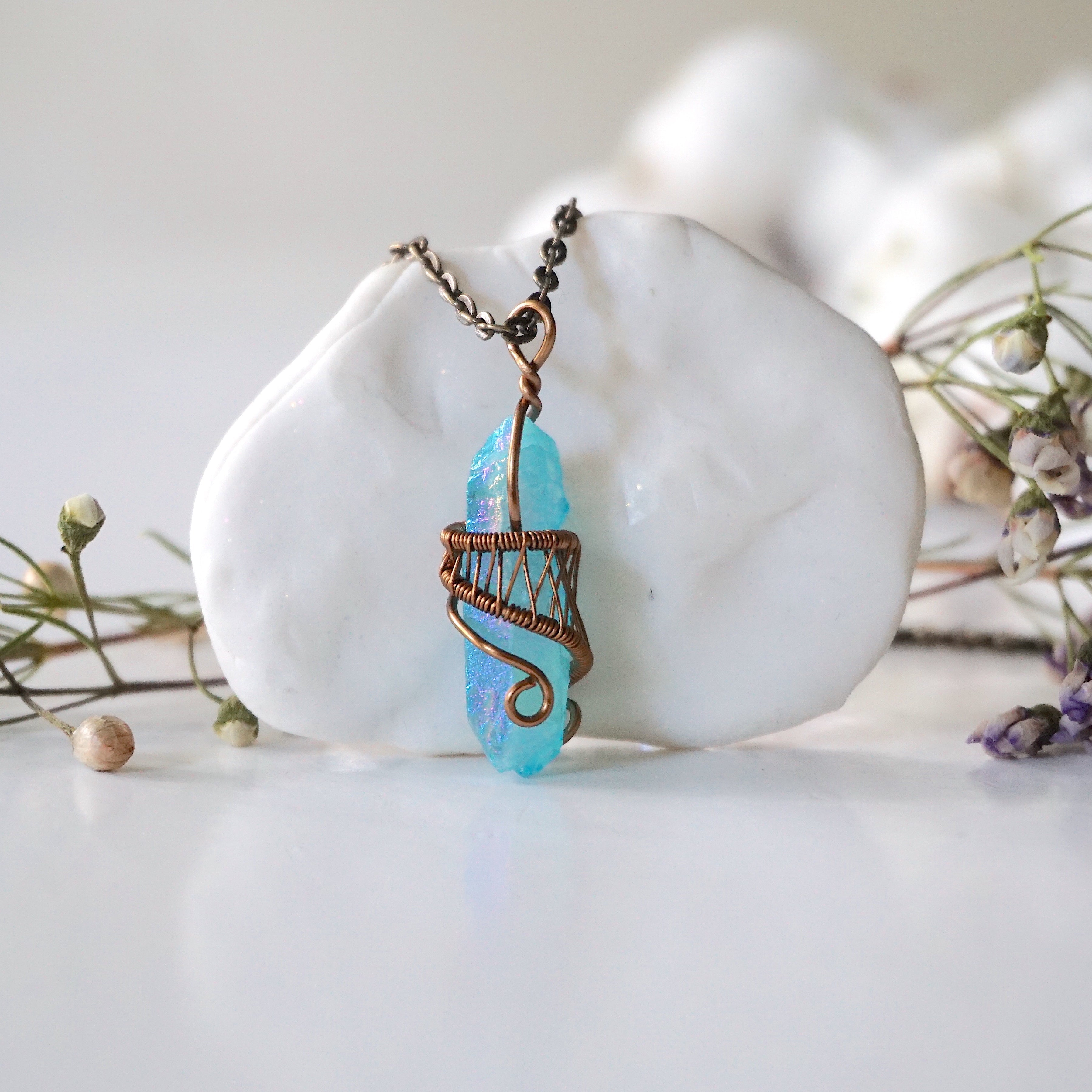 Aqua Aura Quartz Necklace - Healing Crystal Point Pendant with Antique Bronze Chain | Spiritual Jewelry for Meditation, Energy Cleansing & Chakra Balancing