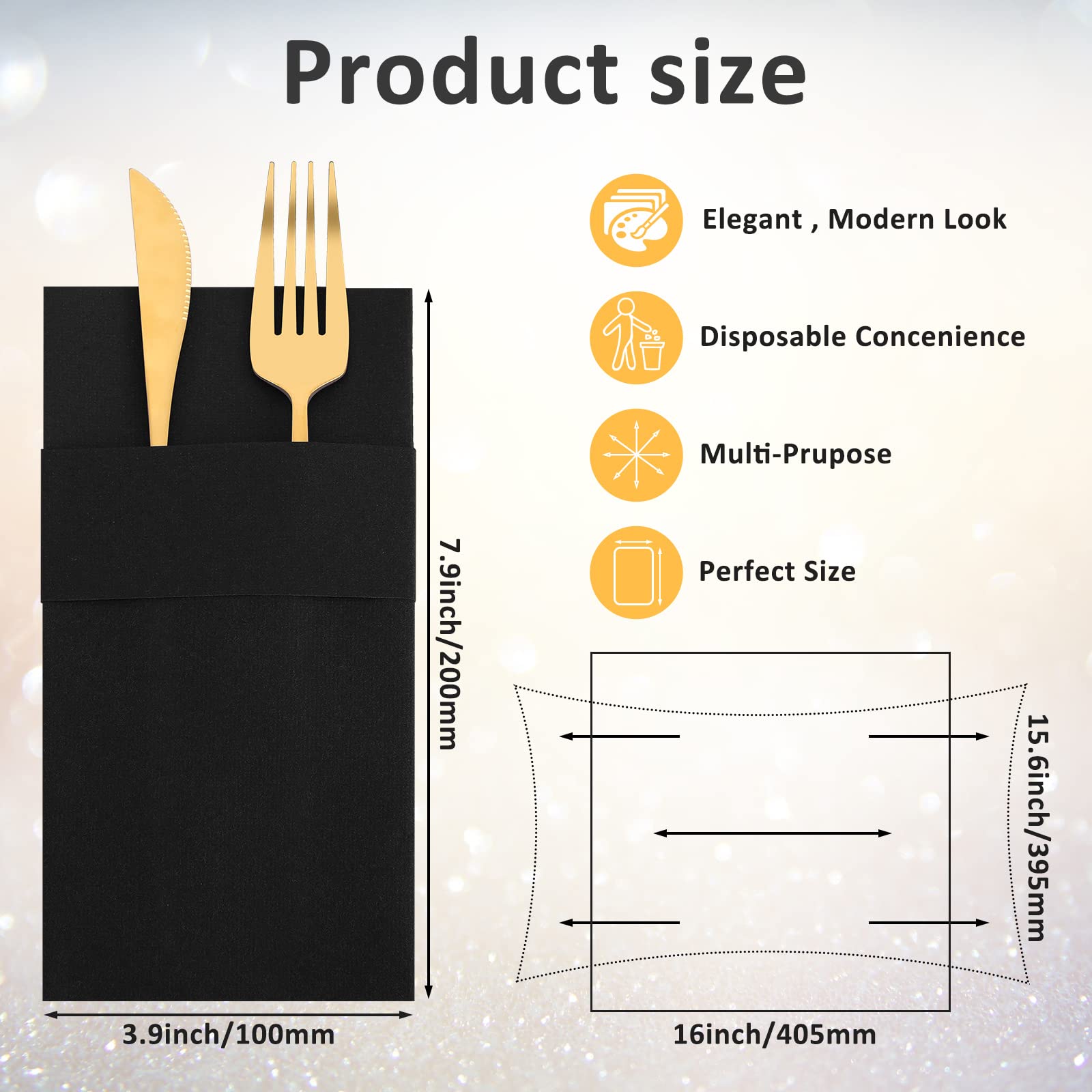 150-Pack Premium Linen-Like Disposable Paper Napkins - Prefolded Dinner Napkins with Built-in Silverware Pocket - Elegant Black for Weddings, Bridal Showers & Valentine's Day Parties - Perfect for Formal Dining, Catering Events & Upscale Gatherings