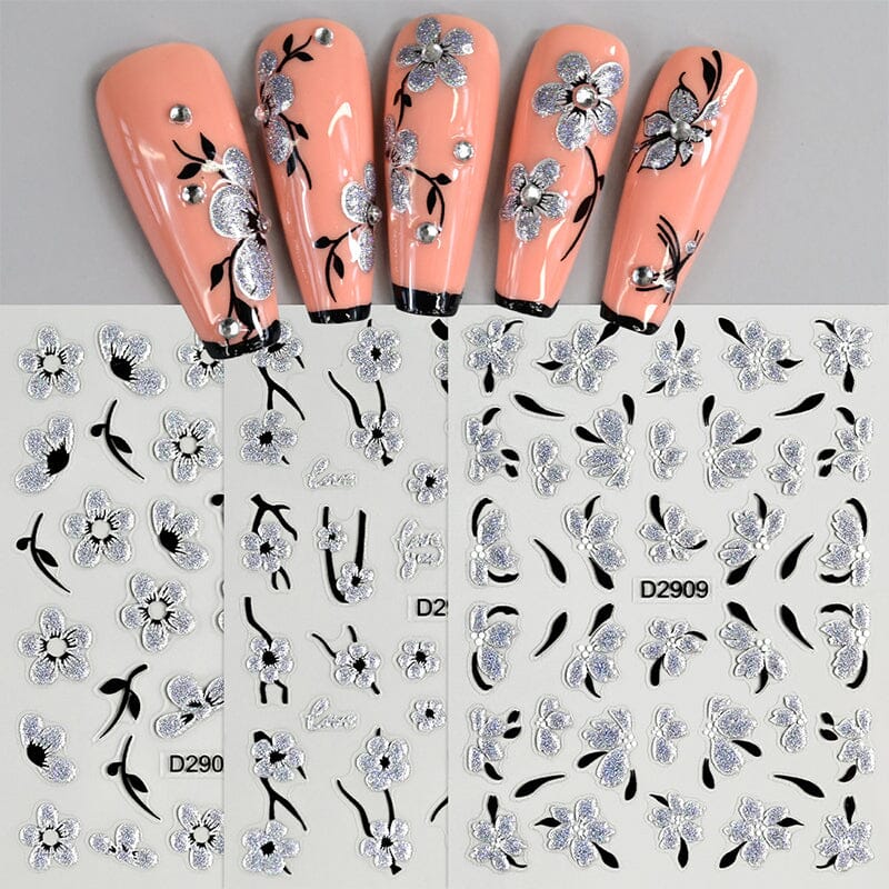 10pcs Black White Glitter Flower Nail Stickers - DIY Nail Art Decals for Women, Girls, Parties & Special Occasions