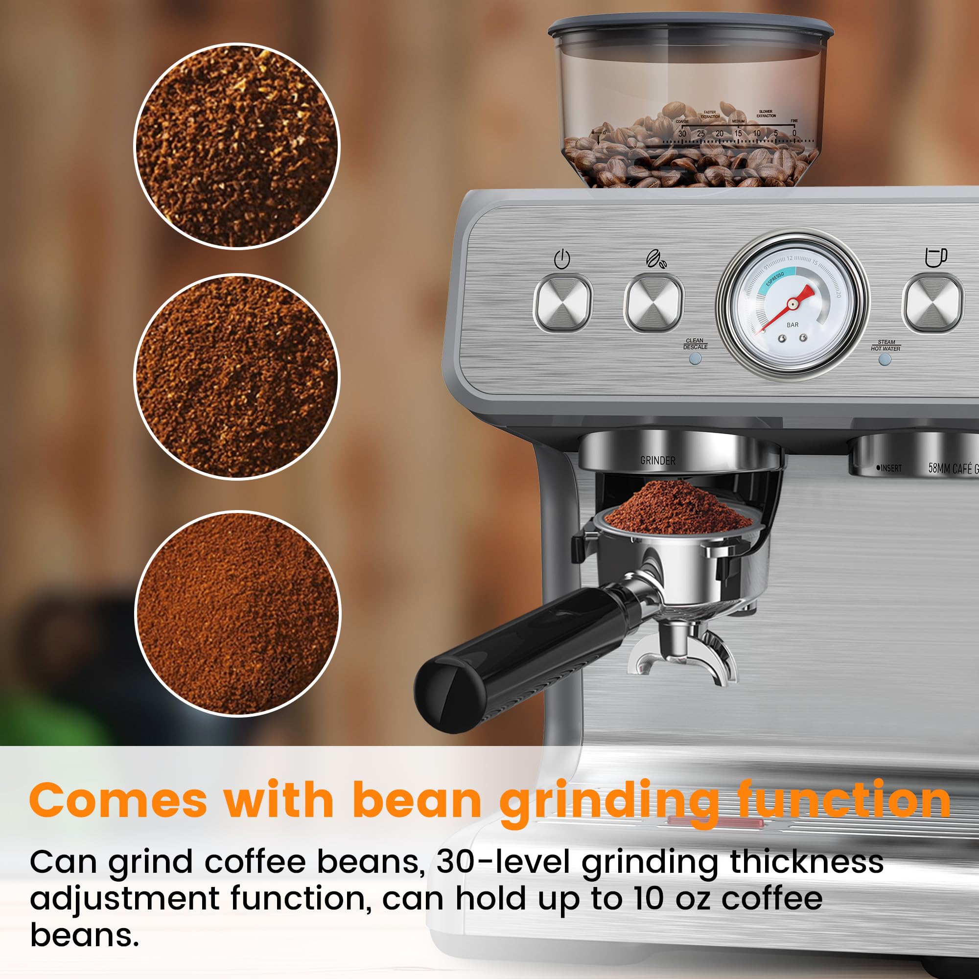 Professional 15 Bar Espresso Machine with Built-in Grinder & Milk Frother - Stainless Steel Coffee Maker with Removable Water Tank - Perfect for Home Baristas Making Cappuccino, Latte & Espresso Drinks