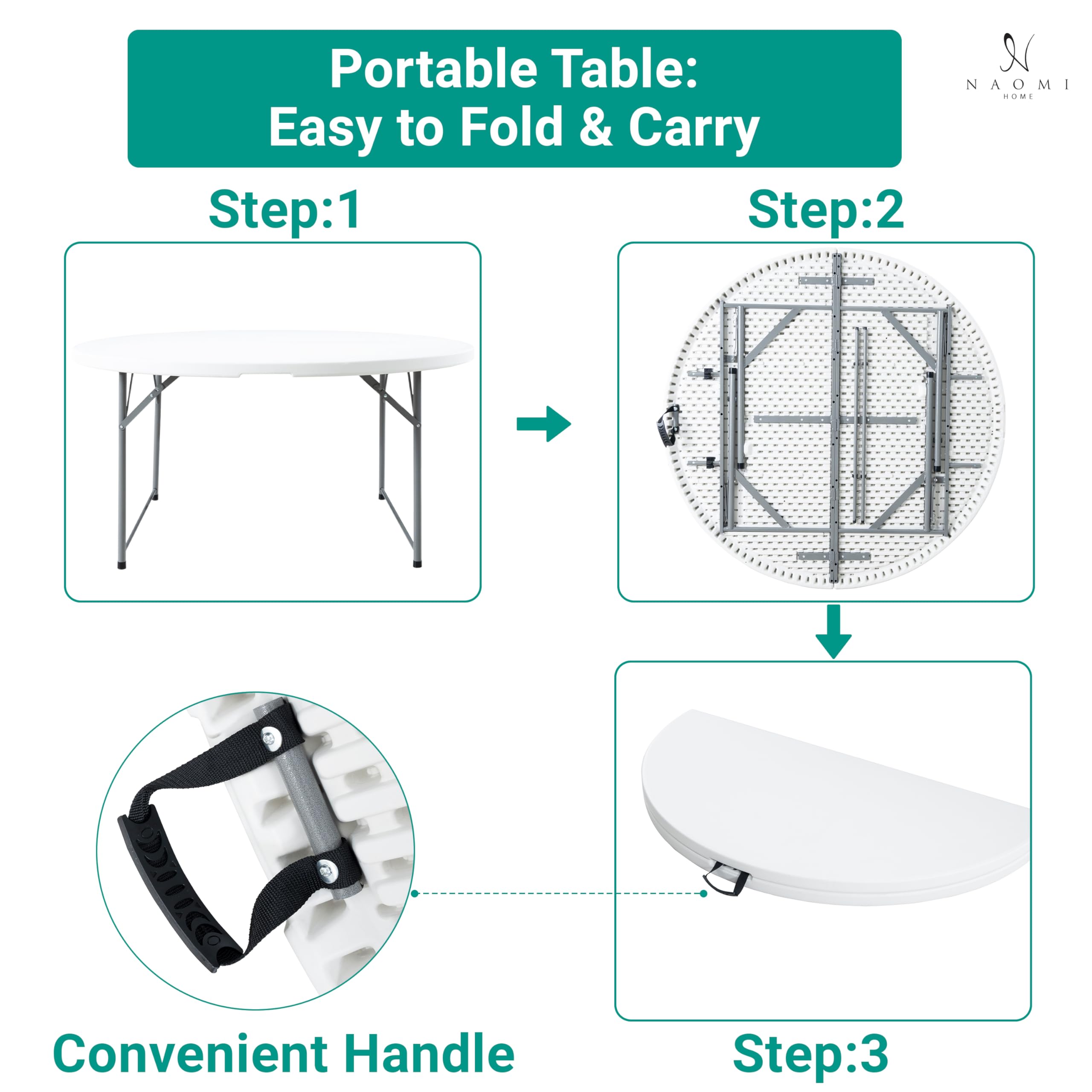 Naomi Home 60-Inch Round Folding Table - Lightweight Durable Bi-Fold Portable Plastic Table with Carrying Handle, White Resin Surface & Sturdy Steel Frame for Indoor Outdoor Use - Perfect for Parties, Picnics, Camping, and Home Events