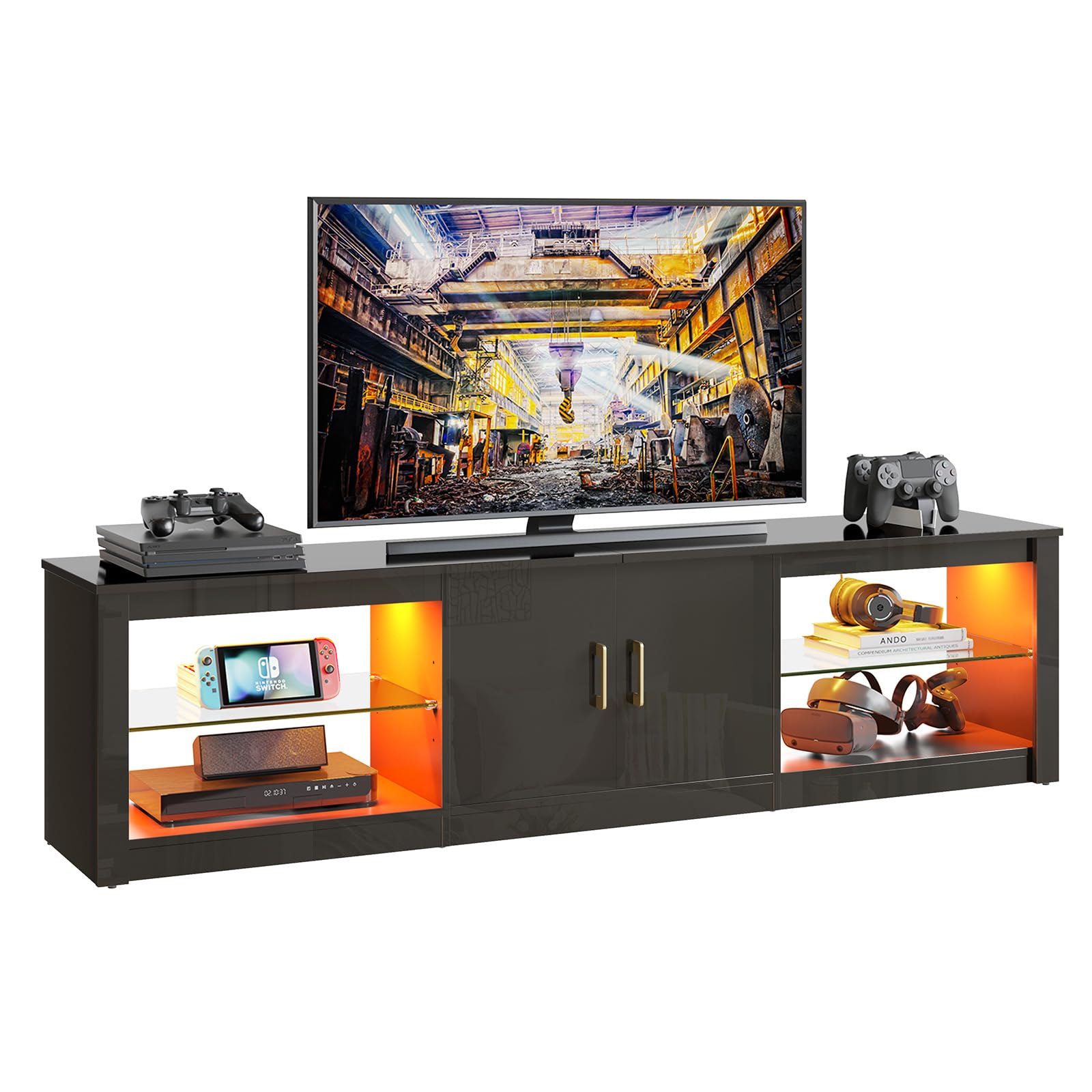 Bestier Modern TV Stand for 75 Inch TVs - Large Entertainment Center with Glass Shelves & 2 Storage Cabinets - Sturdy TV Console for Living Room, Gaming Setup & Home Theater Systems