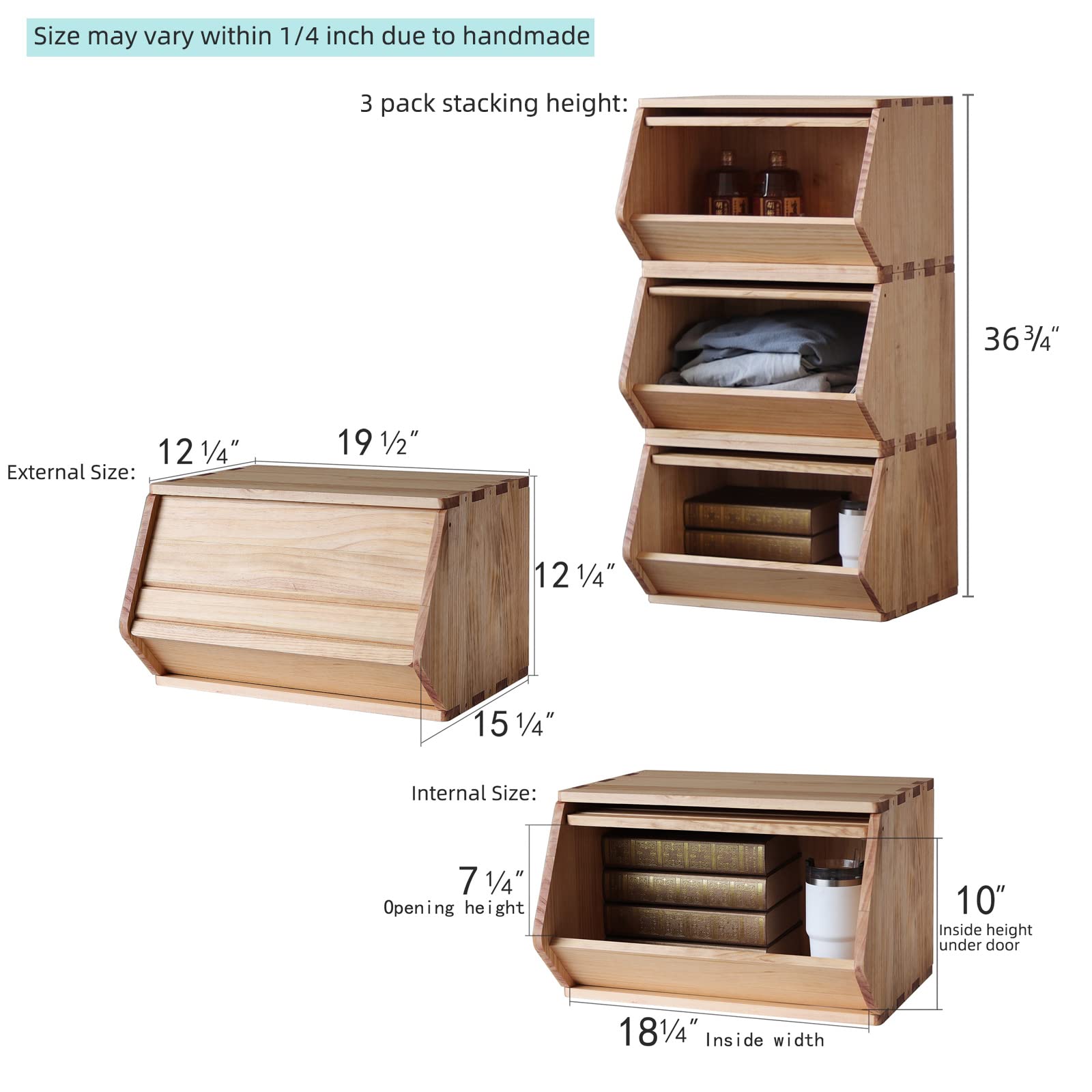 Stackable Solid Wood Storage Chests - Modular Entryway Cabinet & Toy Box with Lids (3 Pack, 19.5