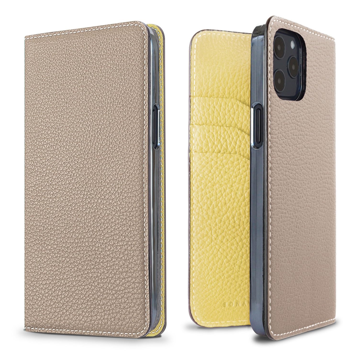 BONAVENTURA Diary Smartphone Case for iPhone 12/12 Pro - Greige & Yellow Slim Protective Cover | Perfect for Everyday Use, Work & Travel | BODT12-GGYE