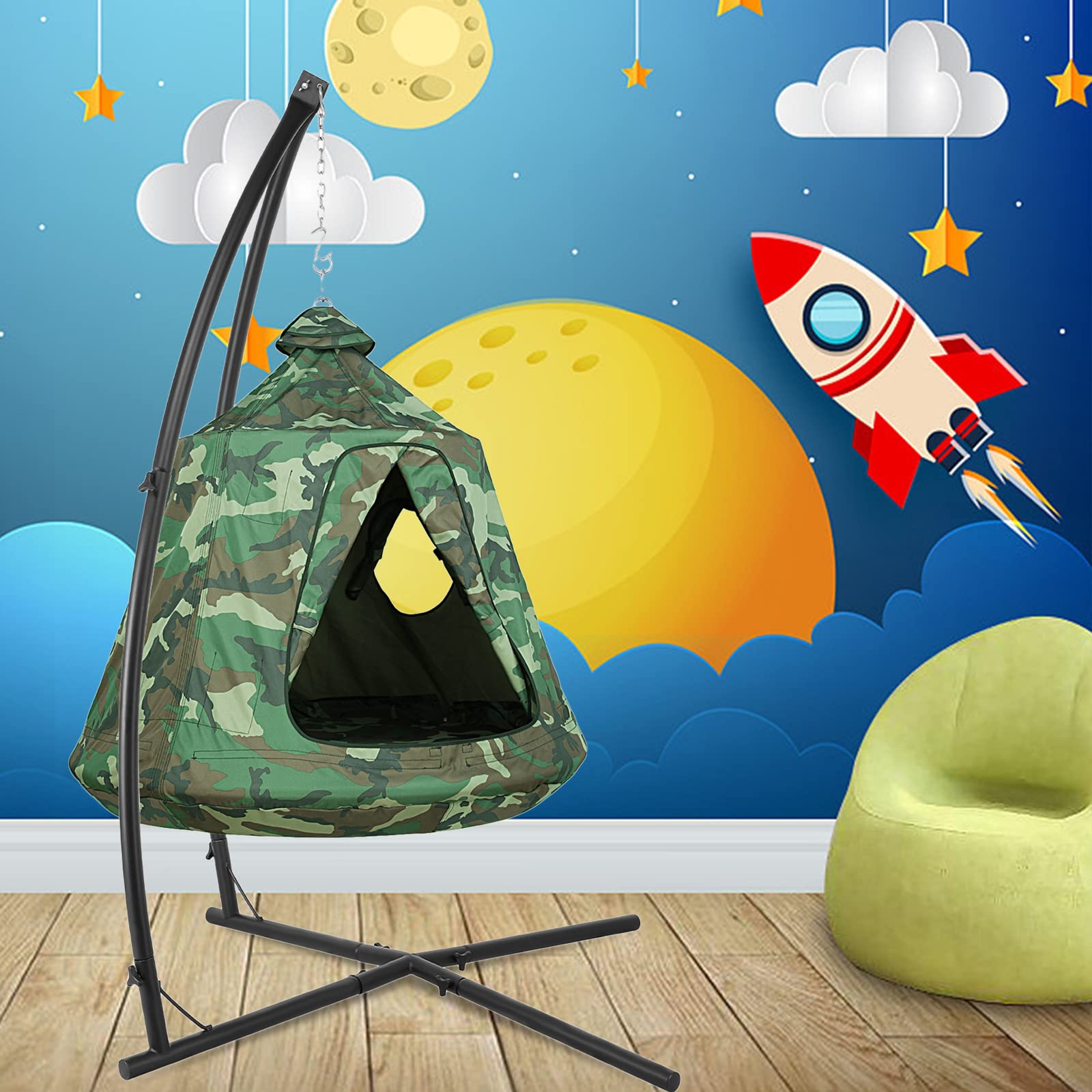 X-Shaped Hanging Tree Tent with Swing Chair & Canopy - 330lb Capacity Steel Frame Hammock for Indoor/Outdoor Use - Perfect for Bedroom, Porch, Balcony & Garden Relaxation (Camouflage Pattern)