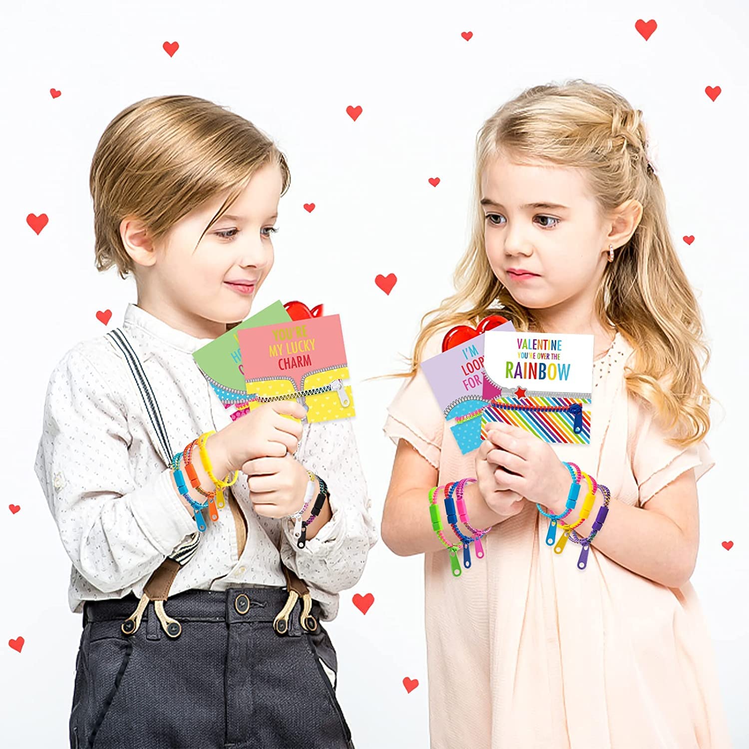 OuMuaMua 30Pcs Valentine's Day Cards with Fidget Zipper Bracelets - Kids Classroom Exchange Gifts, Party Favors for School Celebrations & Friendship Activities