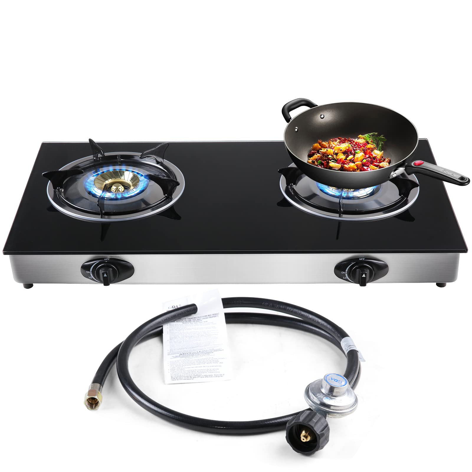 Portable 2-Burner Propane Gas Cooktop with Tempered Glass & Auto Ignition - LPG Camping Stove for RV, Apartments, Outdoor Cooking, Picnics & Backpacking