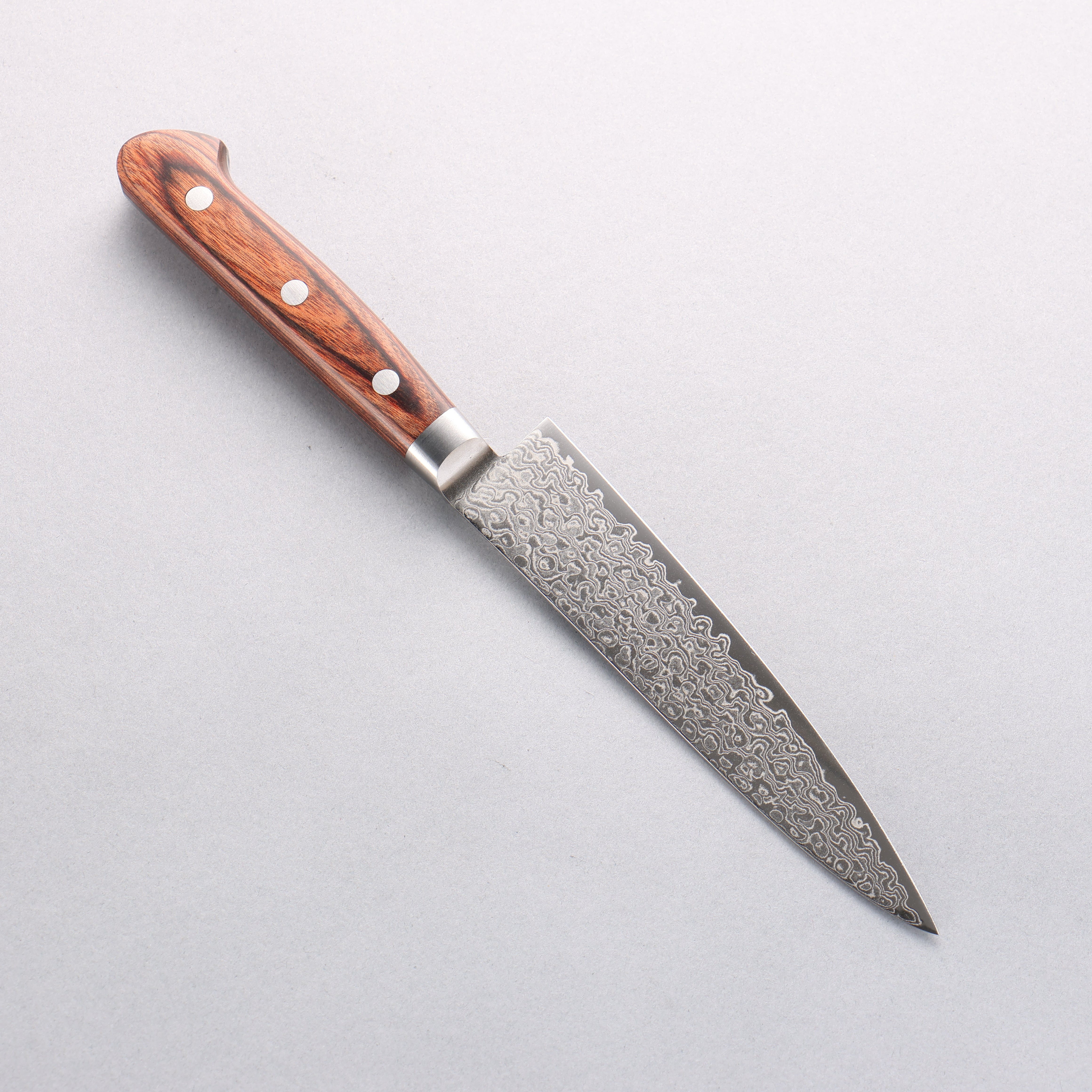 Seisuke Mokusei ZA 18 Mirrored Finish Damascus Petty Utility Knife 135mm with Brown Pakka Wood Handle - Perfect for Slicing, Peeling & Precision Kitchen Tasks