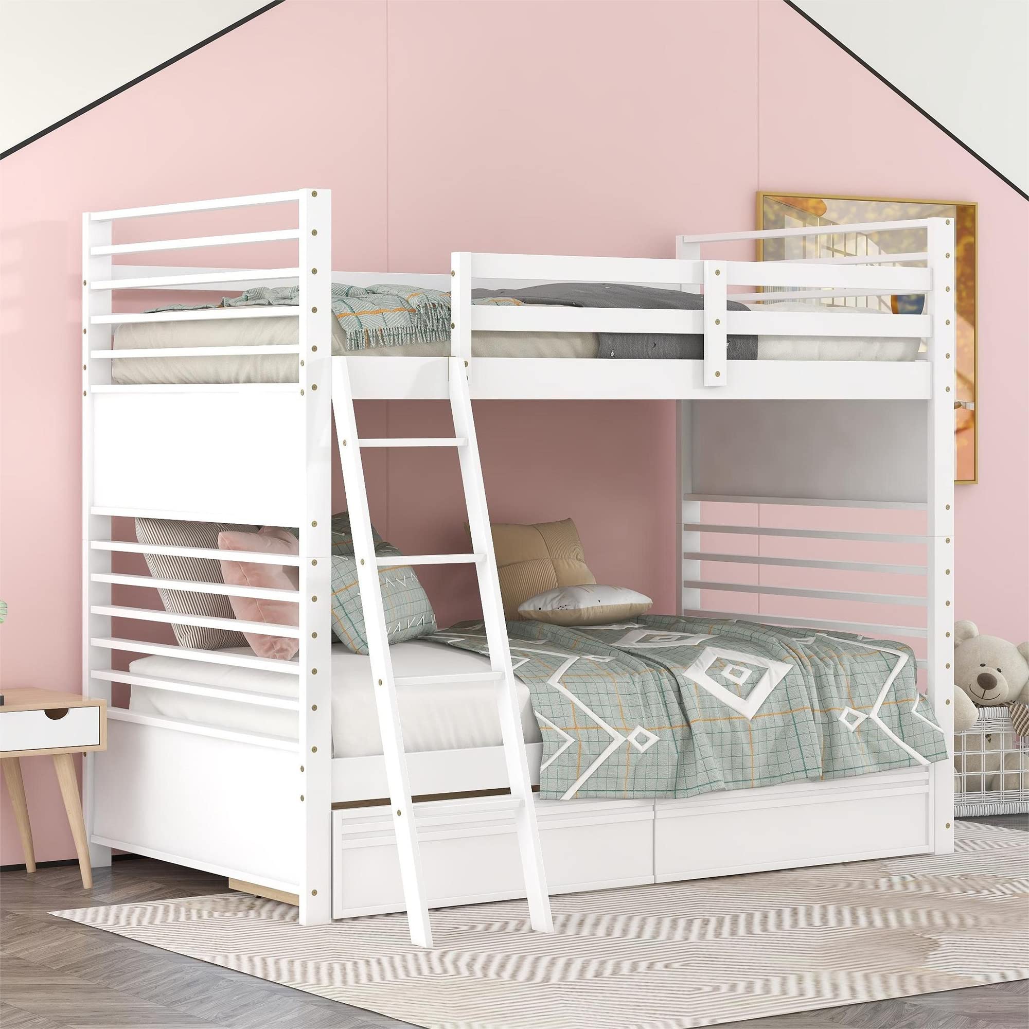 Solid Wood Twin Over Twin Bunk Beds for Kids - Convertible to 2 Separate Beds with Storage Drawers, Guardrails & Angle Ladder | Space-Saving Kids Bedroom Furniture for Boys, Girls & Teens | No Box Spring Needed (White) - Perfect for Shared Rooms, Sleepovers & Small Spaces