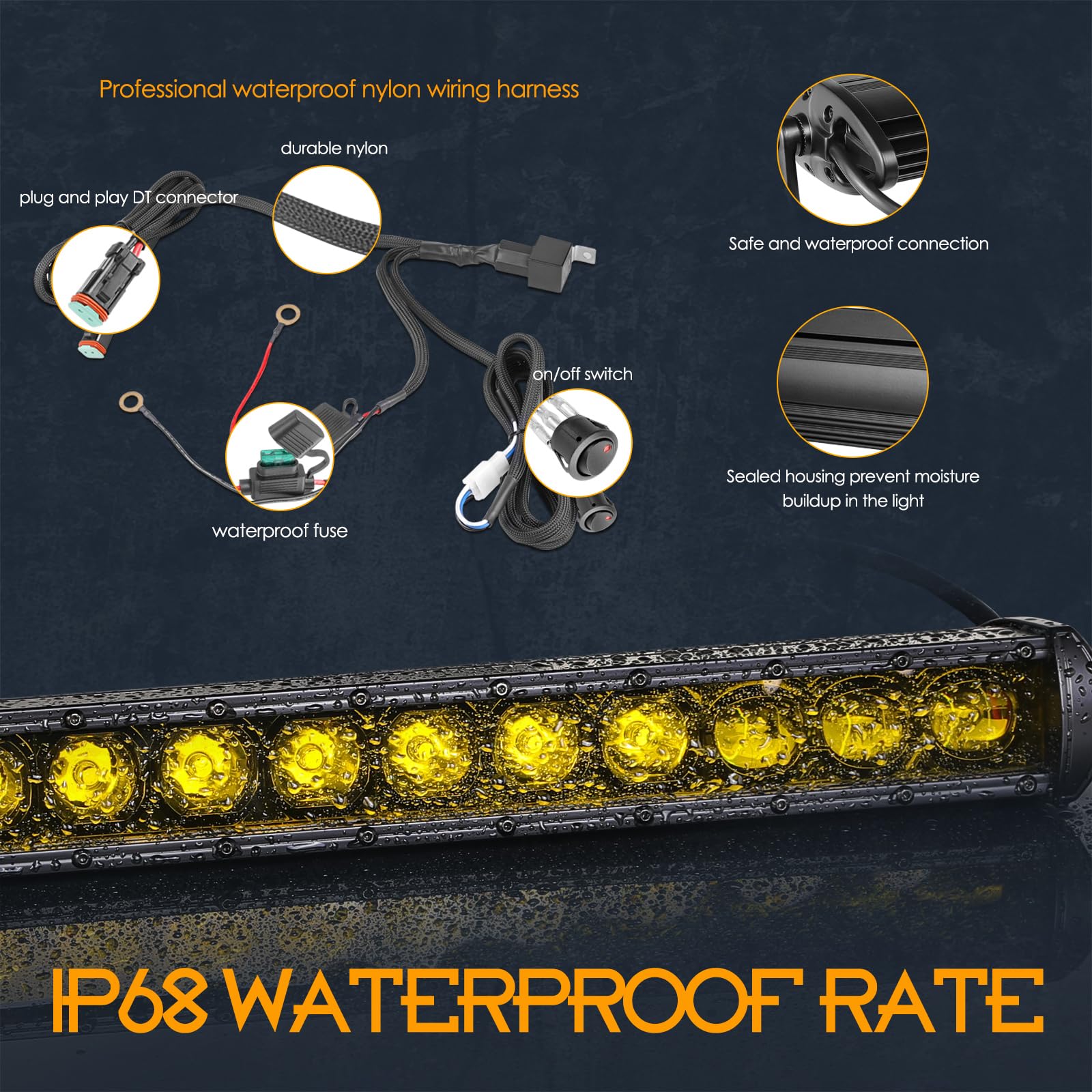 20 Inch Amber LED Light Bar with Wiring Harness - 75W Single Row Spot/Flood Combo Beam - Waterproof Off-Road Lighting Kit for SXS, Truck, ATV, UTV (Perfect for Night Driving, Work Sites & Off-Road Adventures)