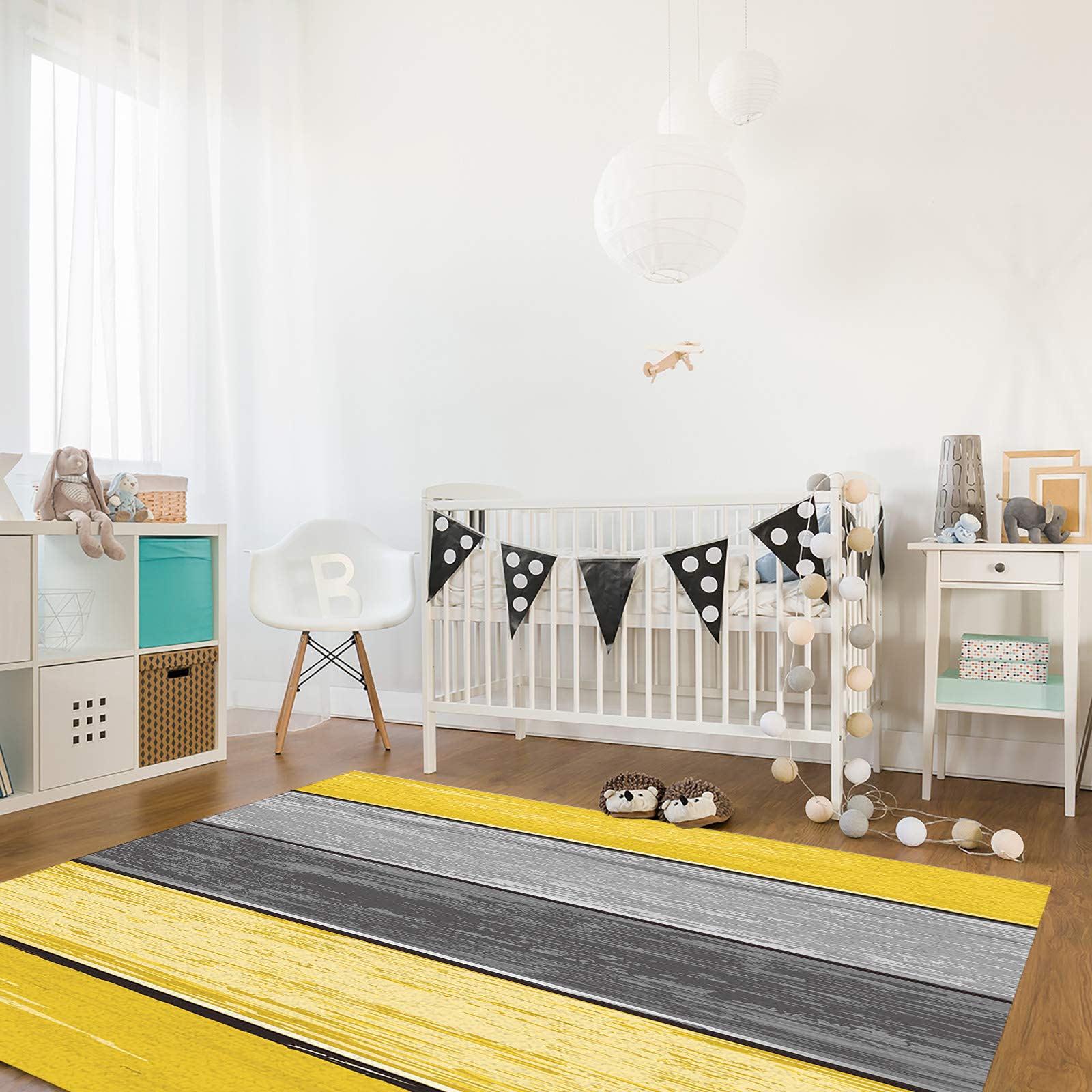 5' x 7' Large Area Rugs - Ombre Farm Yellow & Gray Stripes Wooden Grain Texture Throw Carpet for Nursery, Living Room, Bedroom | Soft Floor Covering for Kids Room, Modern Kitchen Runner Mat - Perfect for Home Decor & Cozy Spaces