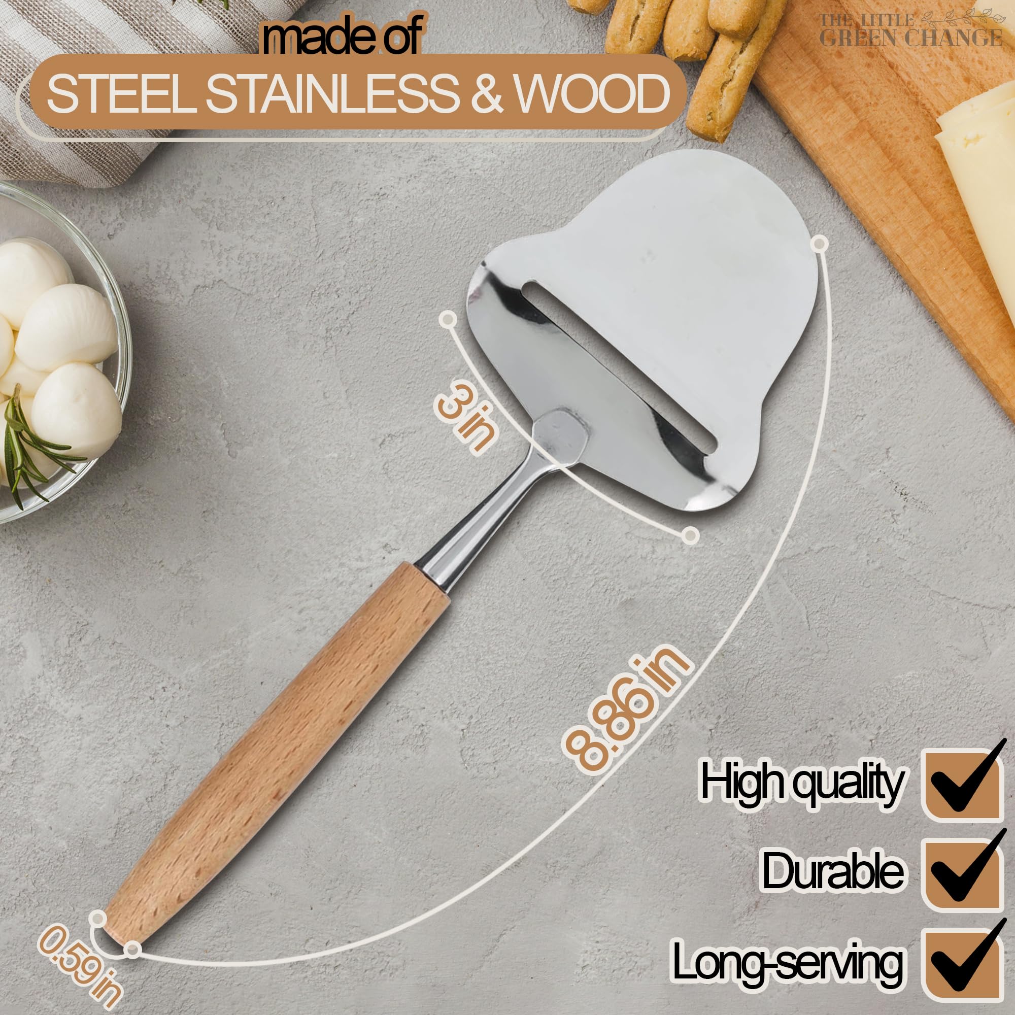 Premium Stainless Steel Cheese Slicer with Wooden Handle - Professional Cheese Cutter for Hard & Soft Cheeses - Perfect for Charcuterie Boards, Cheese Platters & Home Kitchen Use