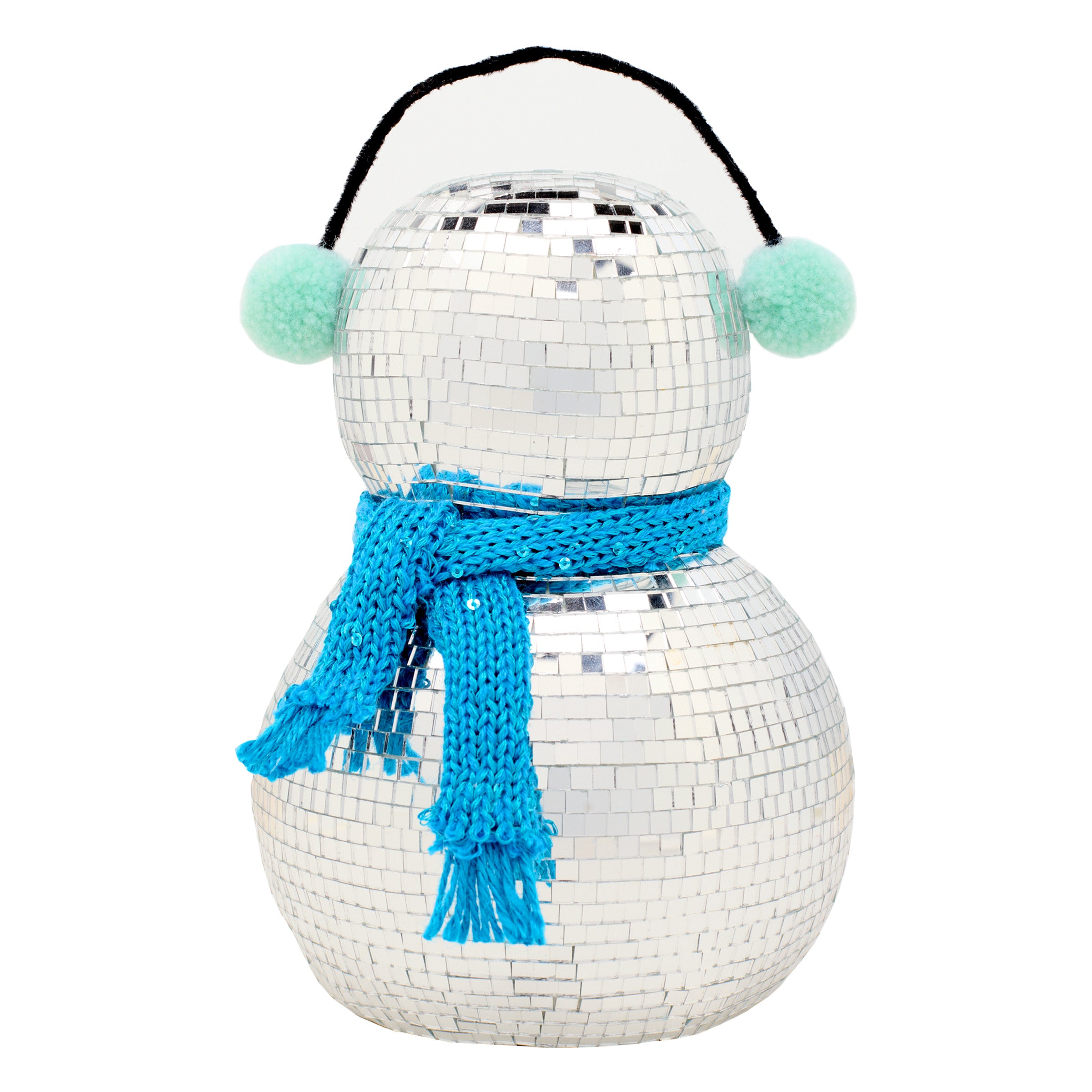 10-Inch Disco Ball Snowman with Blue Scarf - Christmas Party Decor, Holiday Home Decoration, Winter Themed Gift for Festive Celebrations