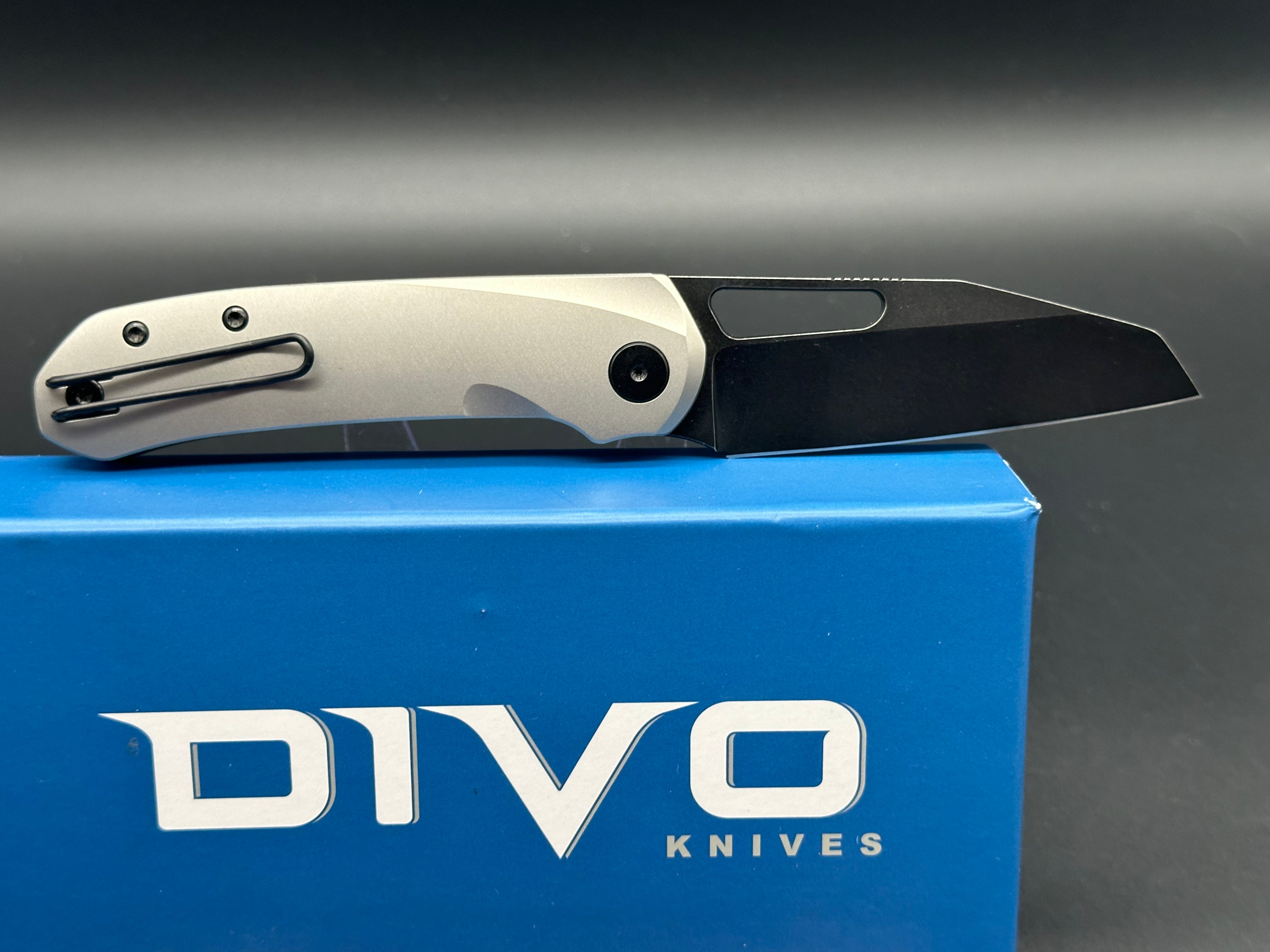 Divo Knives Buzz Reverse Tux Bead Blasted Titanium Folding Knife - Black Washed 20CV Blade, Zircuti Back Spacer & Skiff Bearings - EDC, Outdoor, Camping & Tactical Use
