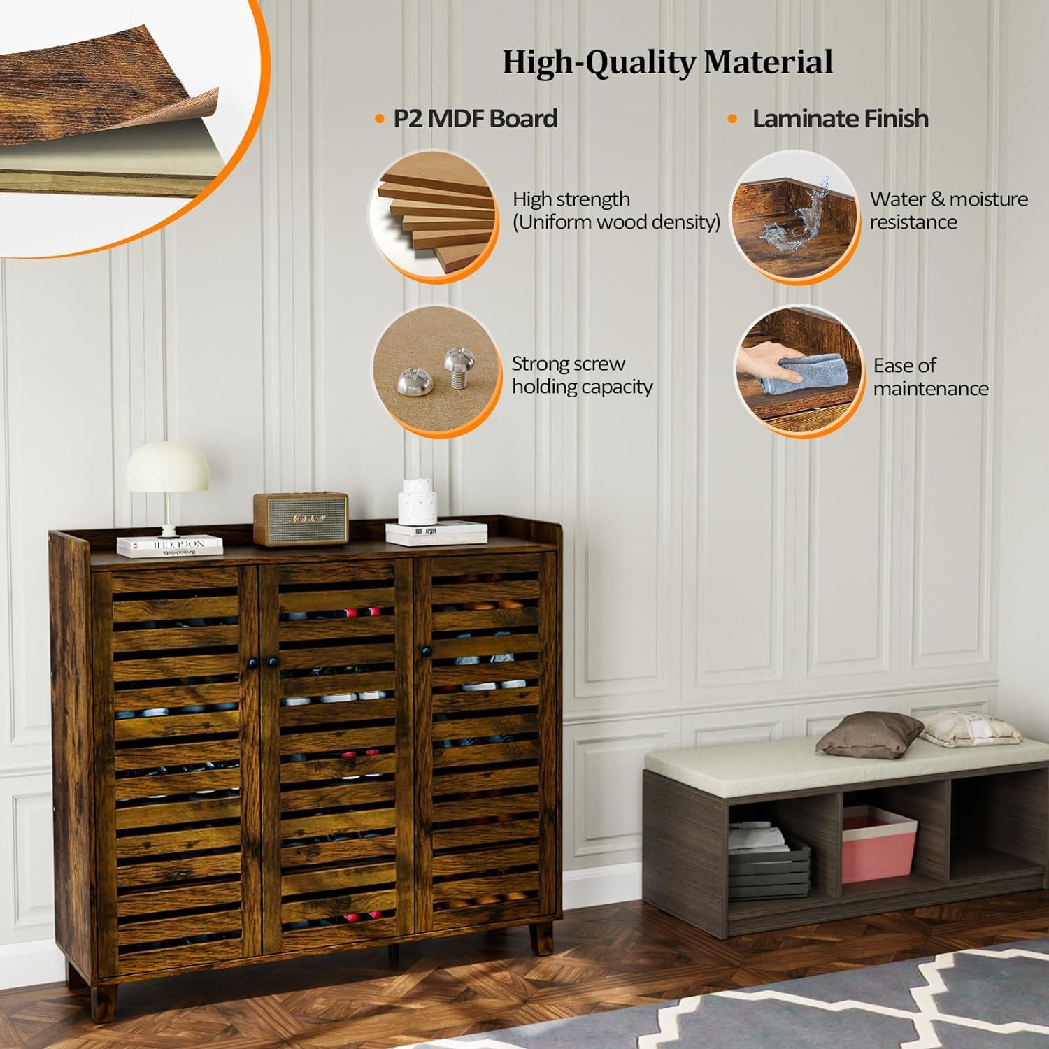 VINGLI 3-Door Hidden Shoe Cabinet Storage Organizer - 5-Tier Adjustable Shelves Freestanding Entryway Shoe Rack for Hallway, Living Room & Bedroom - Rustic Brown Wooden Shoe Storage Cabinet for Home Organization