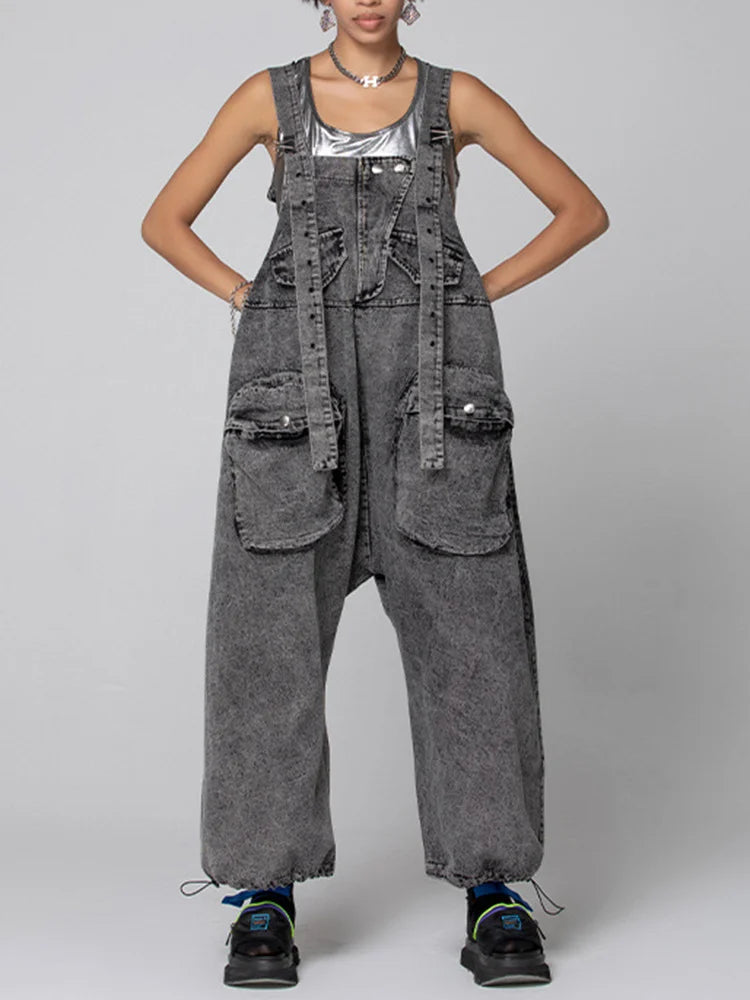 Women's Black Patchwork Dual Pocket Jumpsuit - Square Collar Sleeveless Wide Leg Romper | Casual Summer Outfit, Beach Cover-Up, Streetwear Fashion