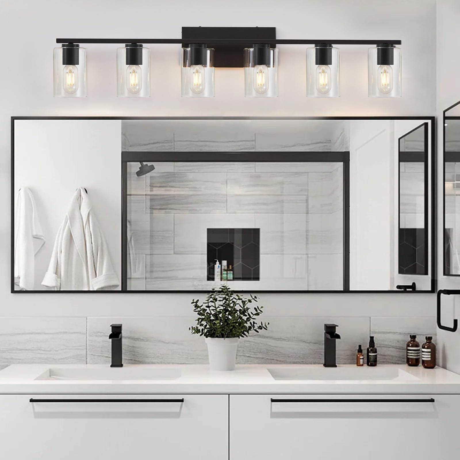 6-Light Black Bathroom Vanity Lighting with Clear Glass Shade - Modern Metal Vanity Lights for Bathroom, Bedroom & Living Room - Perfect Over Mirror for Home Decor