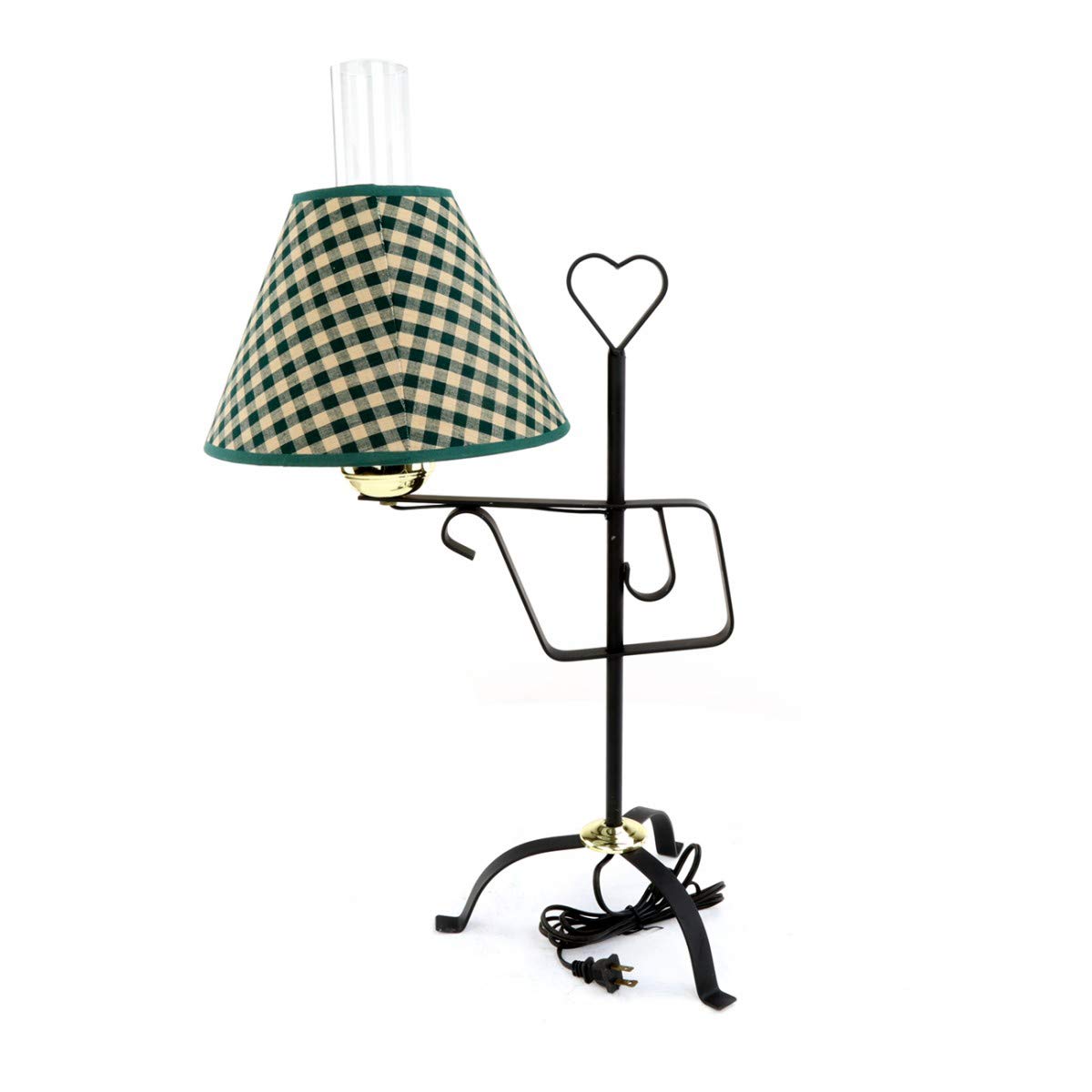Vintage Wrought Iron Table Lamp with Green Checkered Shade - 24.5