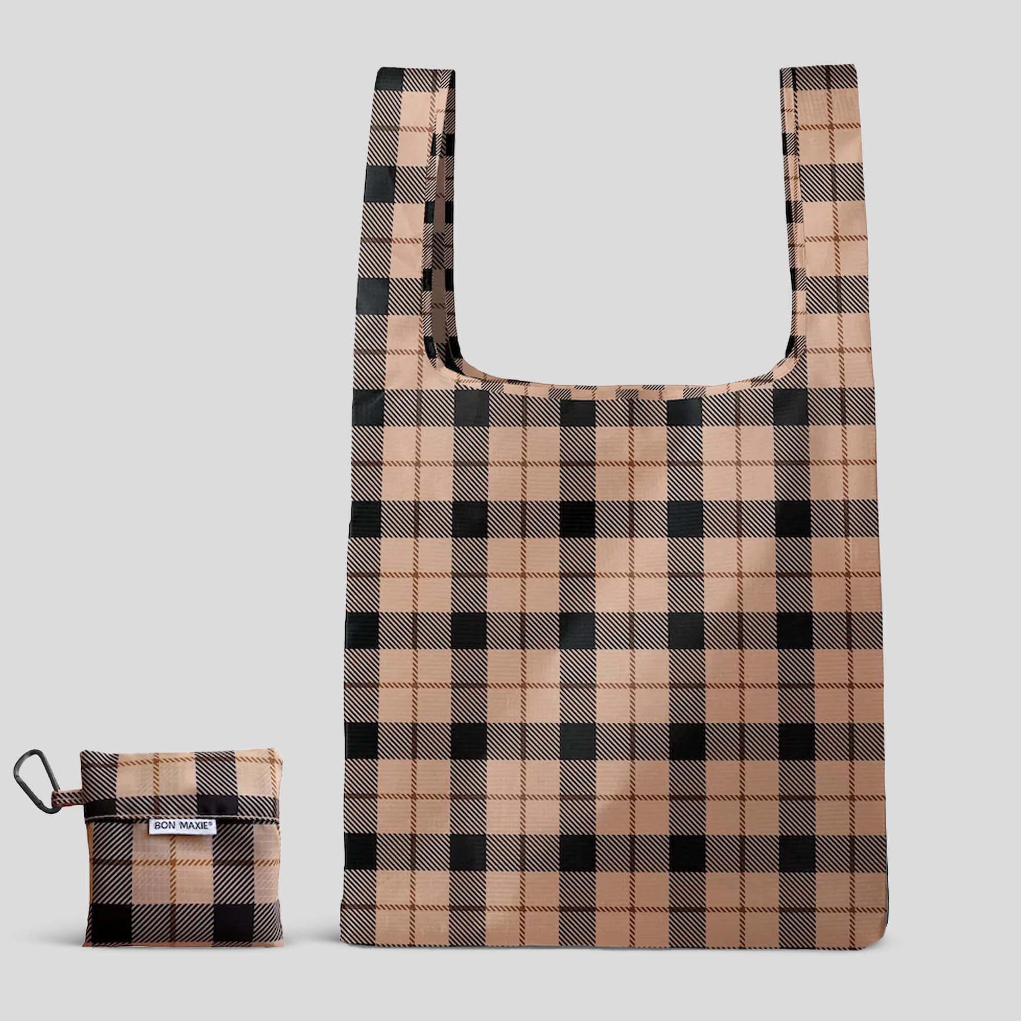 Eco-Friendly Reusable Shopping Bags - 2 Pack with Tan Tartan Design - Perfect for Groceries, Beach Trips & Farmers Markets