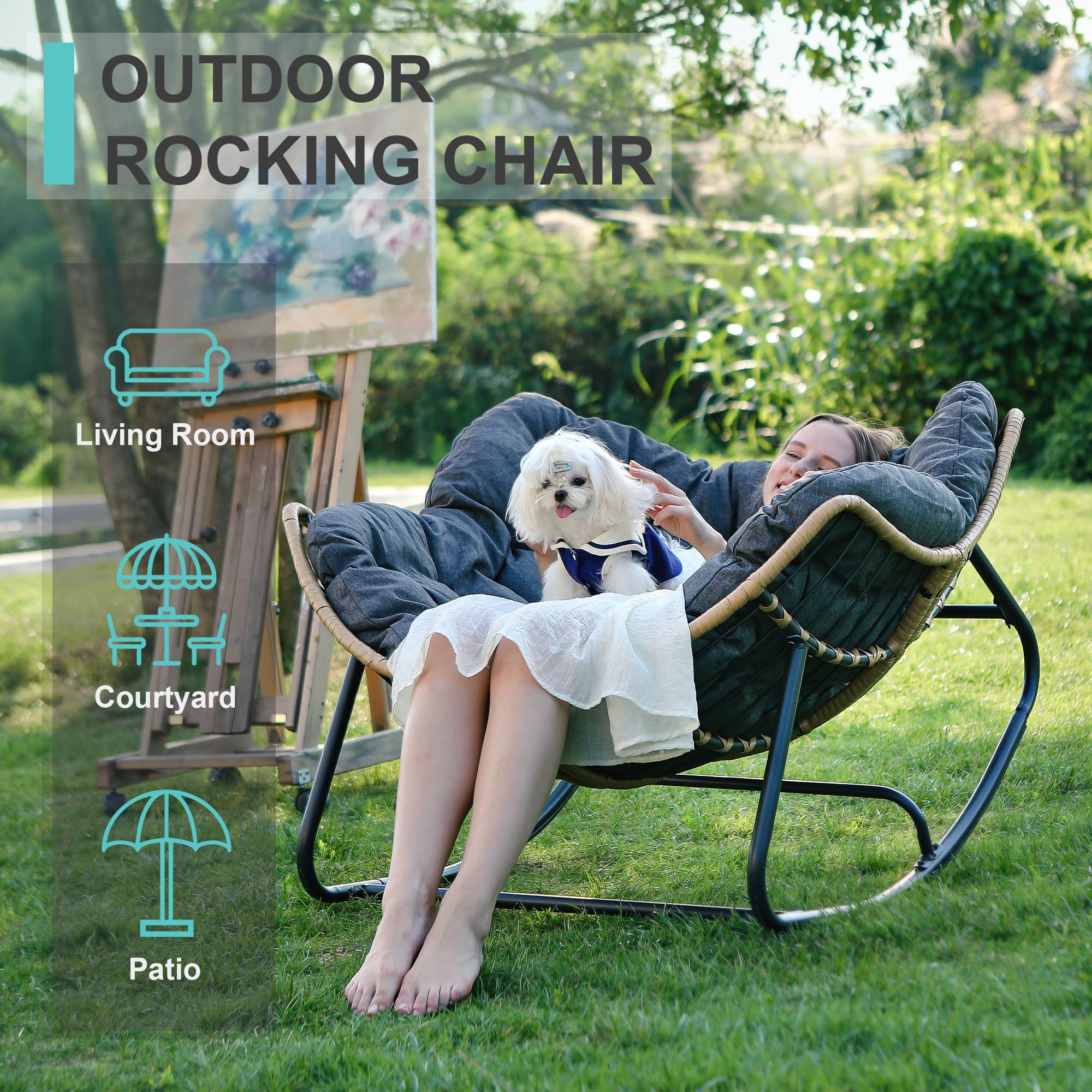 SWITTE Modern Outdoor Rocking Chair - Patio Egg Rocking Chair with Rattan Wicker Design - Indoor Papasan Lounge Chair for Bedroom, Living Room, Porch, Garden & Lawn - Dark Grey - Perfect for Relaxing, Reading & Sunbathing