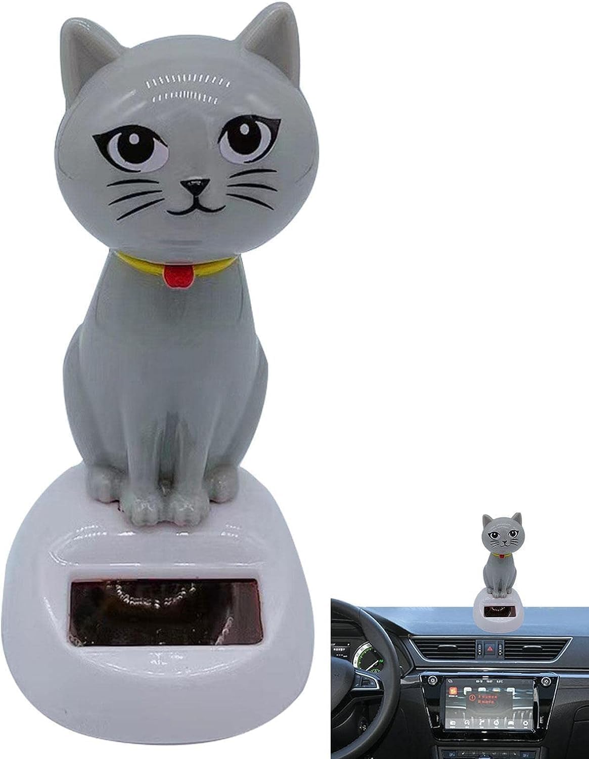Solar Powered Dancing Cat Figurine - Gray Swinging Solar Ornament for Car Dashboard, Office & Home Desk Decor | Fun Learning Tool for Kids & Stress Relief Gift for Cat Lovers