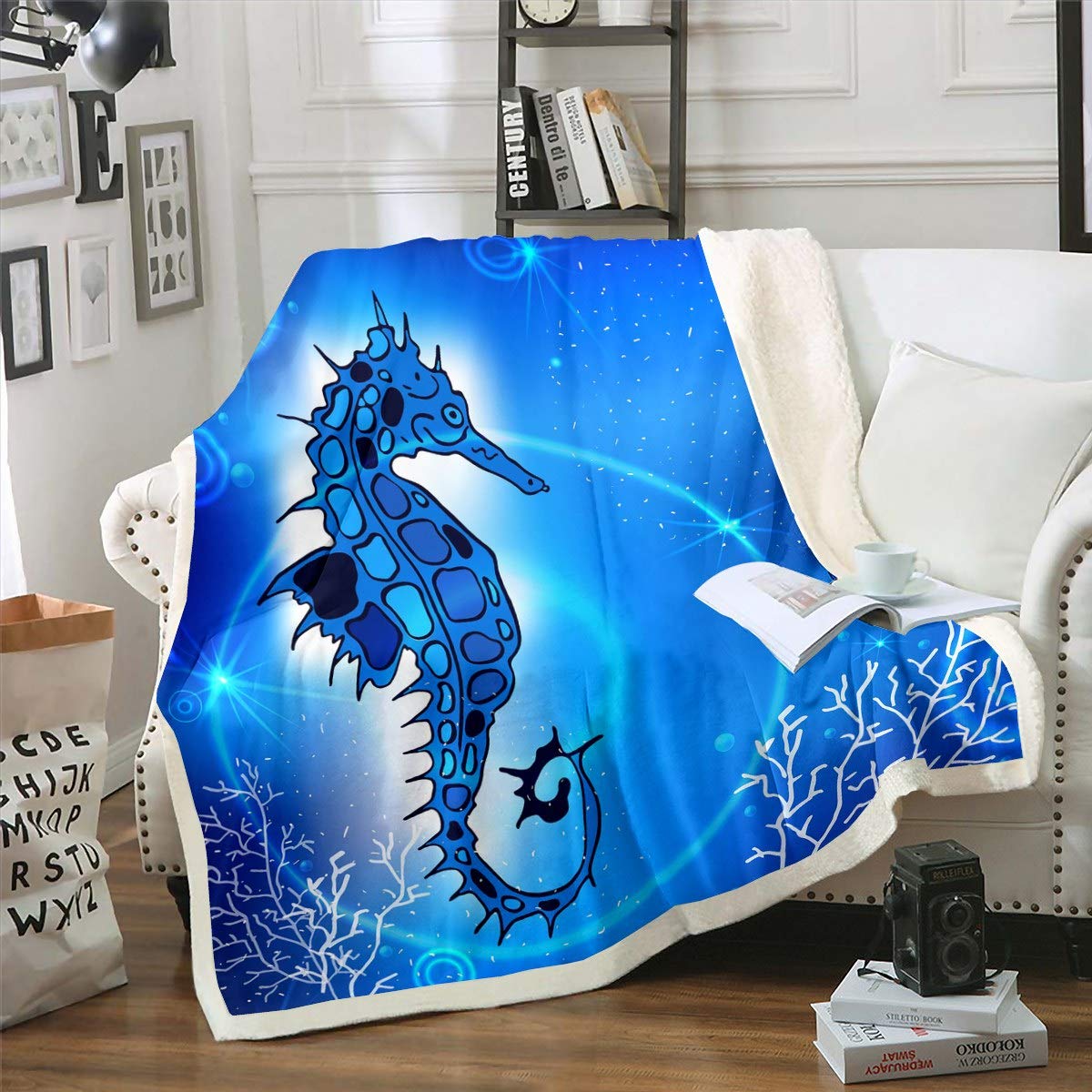 Feelyou Kids Seahorse Plush Fleece Blanket - Soft Sherpa Throw for Sofa, Couch & Bed - Ocean Theme Decor - Blue Underwater World Design - Twin Size 60x80 Inches - Perfect for Nursery, Dorm Room & Cozy Movie Nights