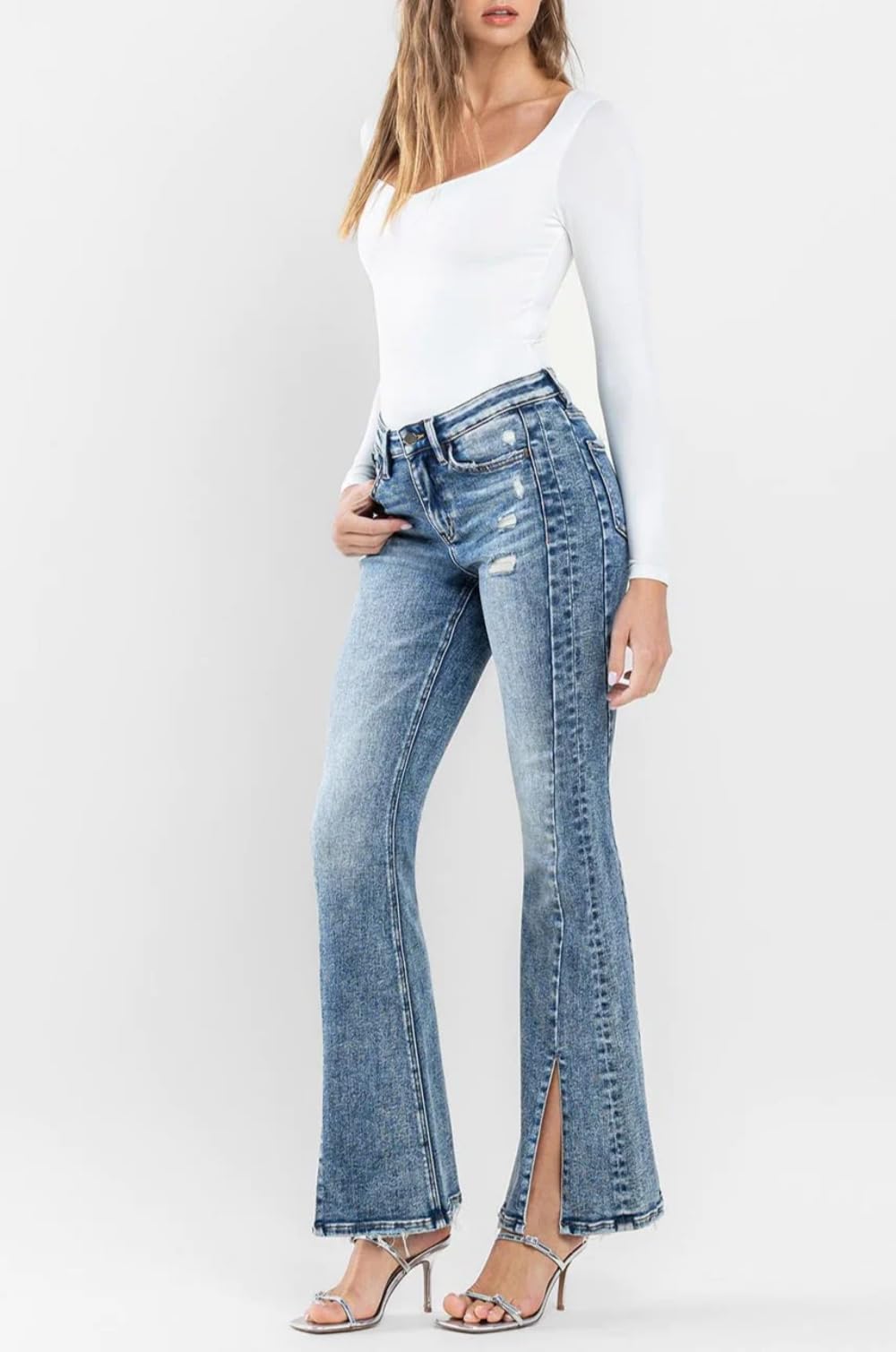 Flying Monkey F5171 High Rise Split Hem Distressed Flare Jeans for Women | Vintage 70s Inspired Denim Pants | Perfect for Casual Outfits, Music Festivals & Boho Style
