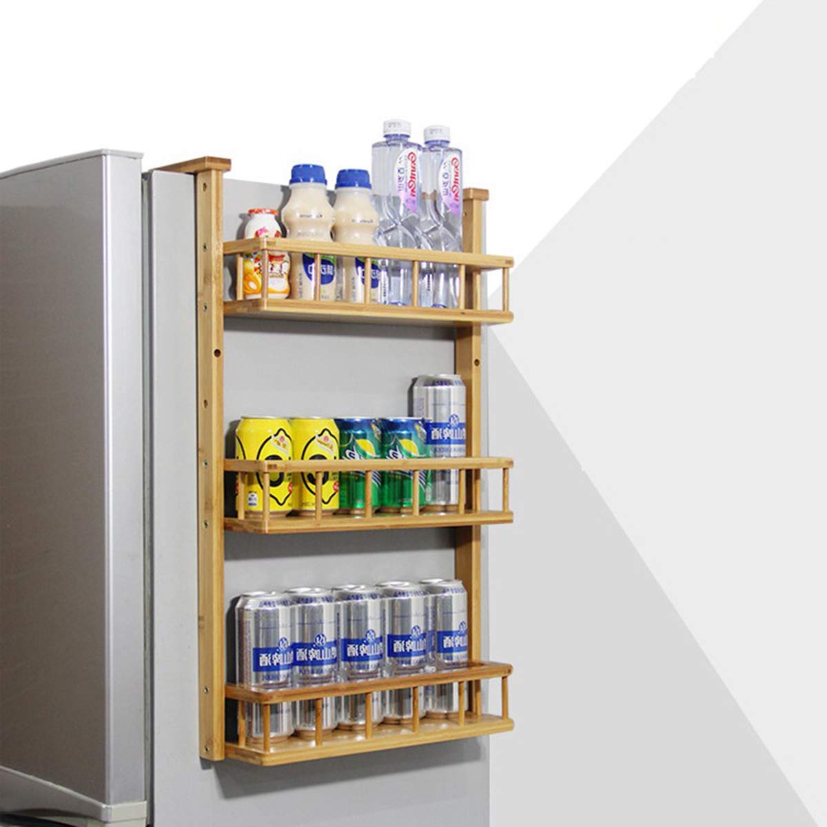 2/3/4 Tier Bamboo Refrigerator Organizer - Space Saving Wall Mounted Kitchen Storage Shelf for Fruits, Vegetables & Spices - Perfect for Small Apartments & Pantry Organization